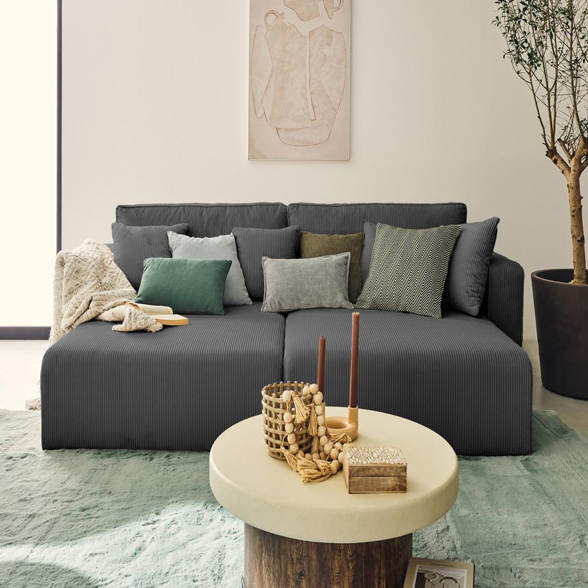 Voir la diapositive 2 : BEST MOBILIER Topaze - canapé droit 4 places avec double méridienne - assise profonde - en velours côtelé