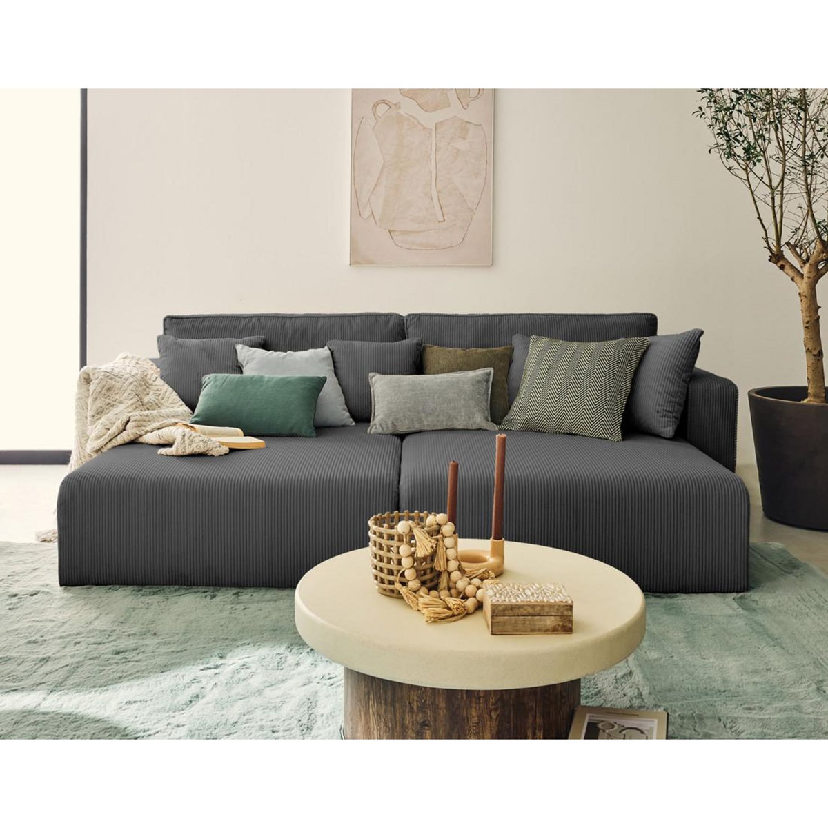 BEST MOBILIER Topaze - canapé droit 4 places avec double méridienne - assise profonde - en velours côtelé