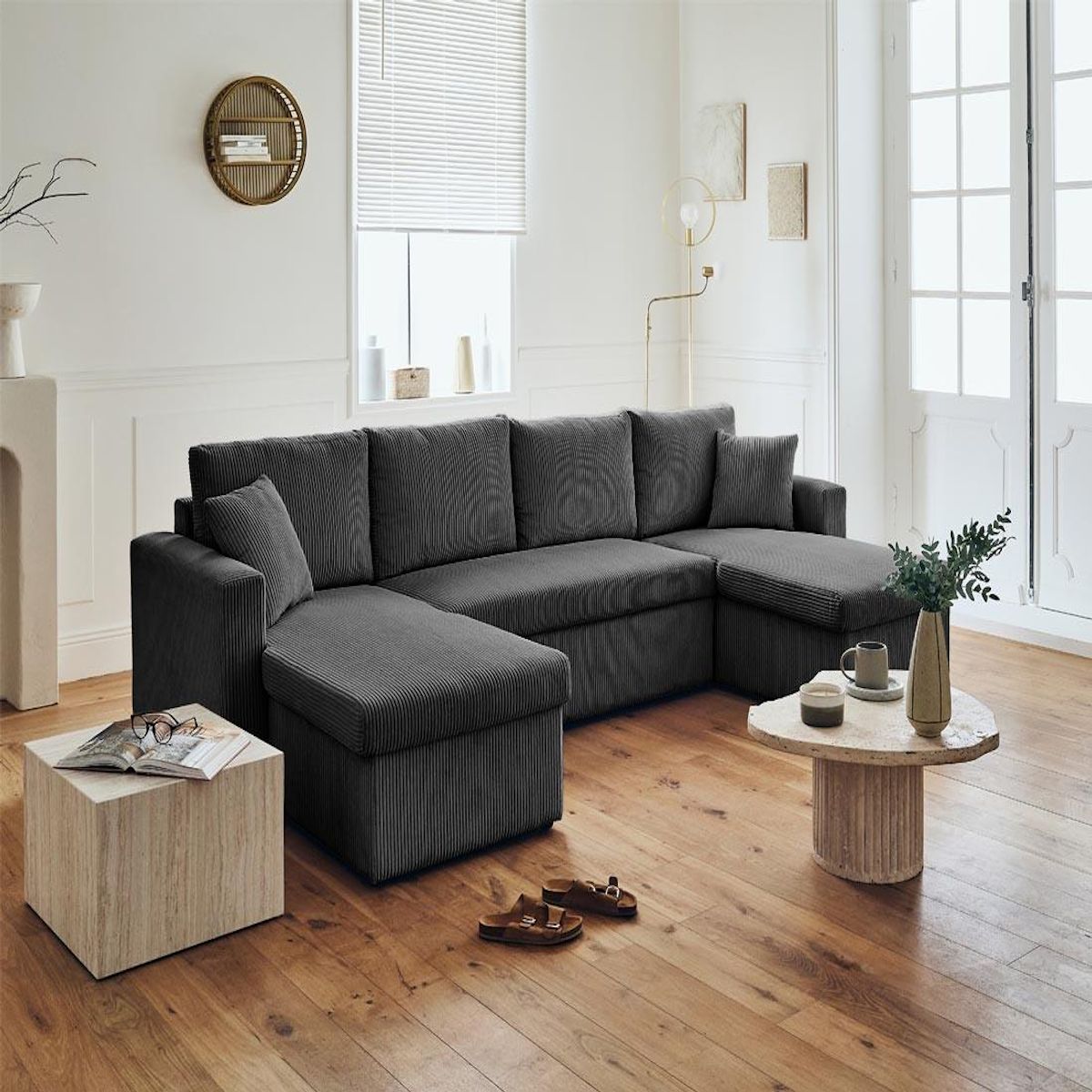 BEST MOBILIER Cyrus - canapé panoramique en u - 7 places - convertible avec coffre - en velours côtelé