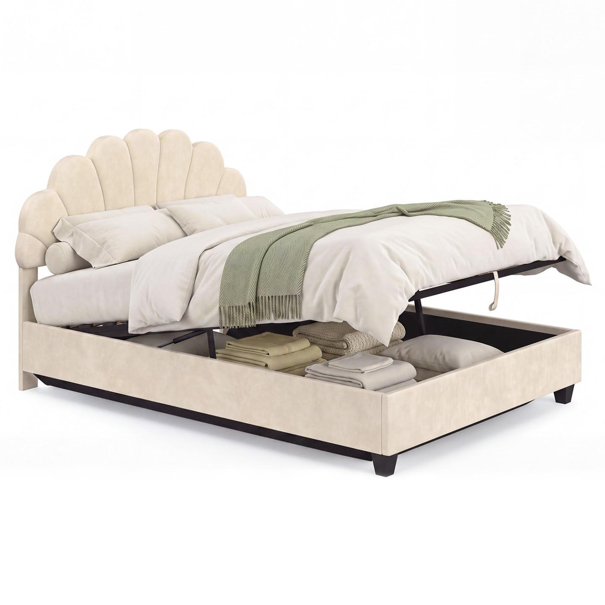 ID MARKET Lit coffre double coquillage AMANDA avec tête de lit et sommier 140 x 190 cm velours beige
