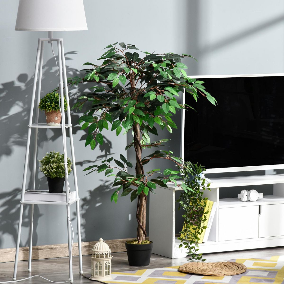OUTSUNNY Arbre artificiel plante artificiel ficus hauteur 1,2 m tronc branches liane lichen feuilles grand réalisme pot inclus