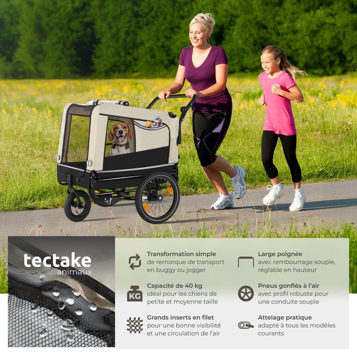 tectake Remorque vélo pour chien multifonction 3-en-1 beige
