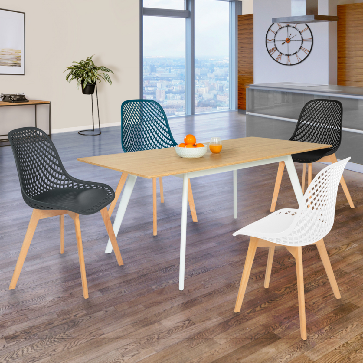 ID MARKET Lot de 4 chaises MANDY mix color blanc, gris, bleu canard et noir