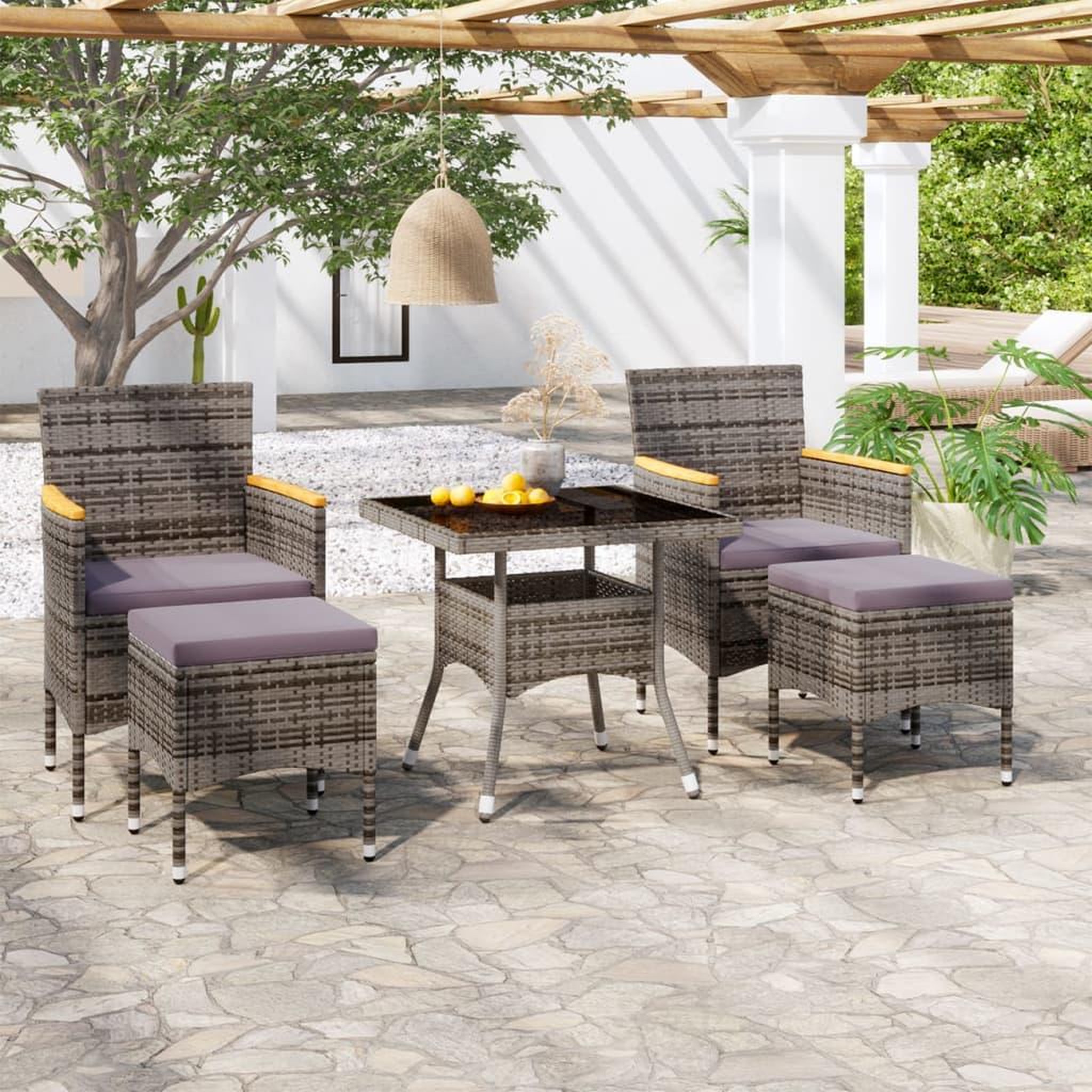 VIDAXL Ensemble a Manger jardin 5 pcs resine tressee verre trempe Gris