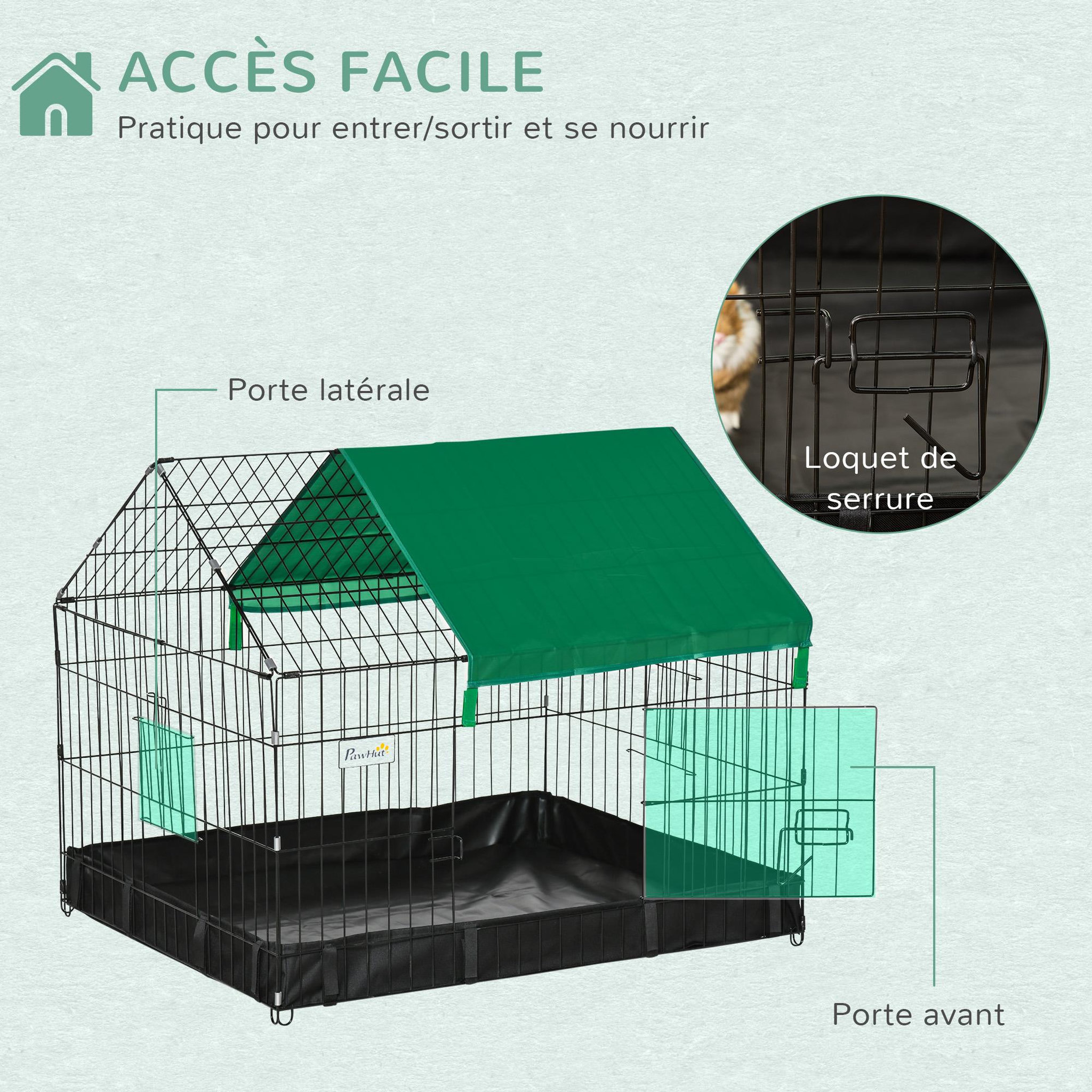 Voir la diapositive 5 : PAWHUT Cage parc enclos rongeurs dim. 90l x 75l x 75h cm - bâche de sol/toit imperméable, porte, trappe - acier oxford noir vert