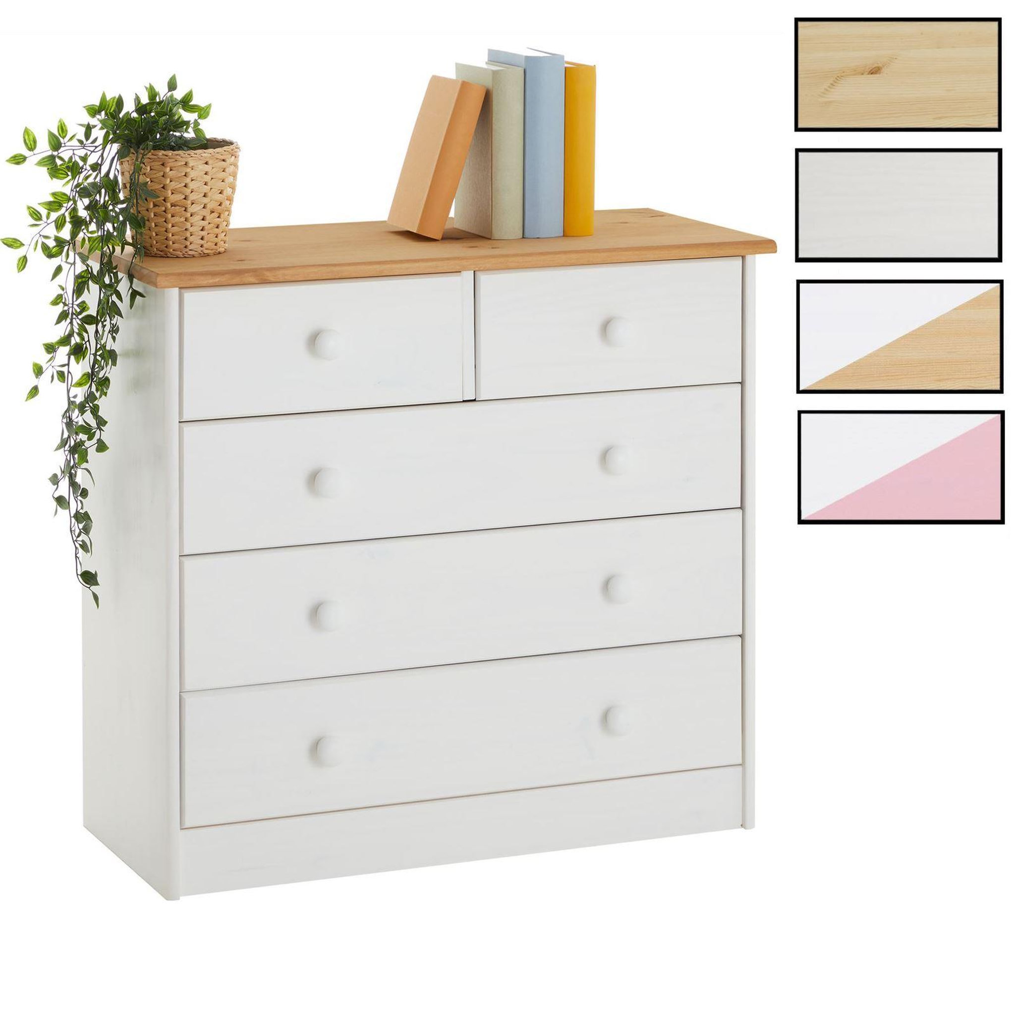 IDIMEX Commode en pin RONDO, 2+3 tiroirs. Coloris disponibles : Bicolore, Blanc