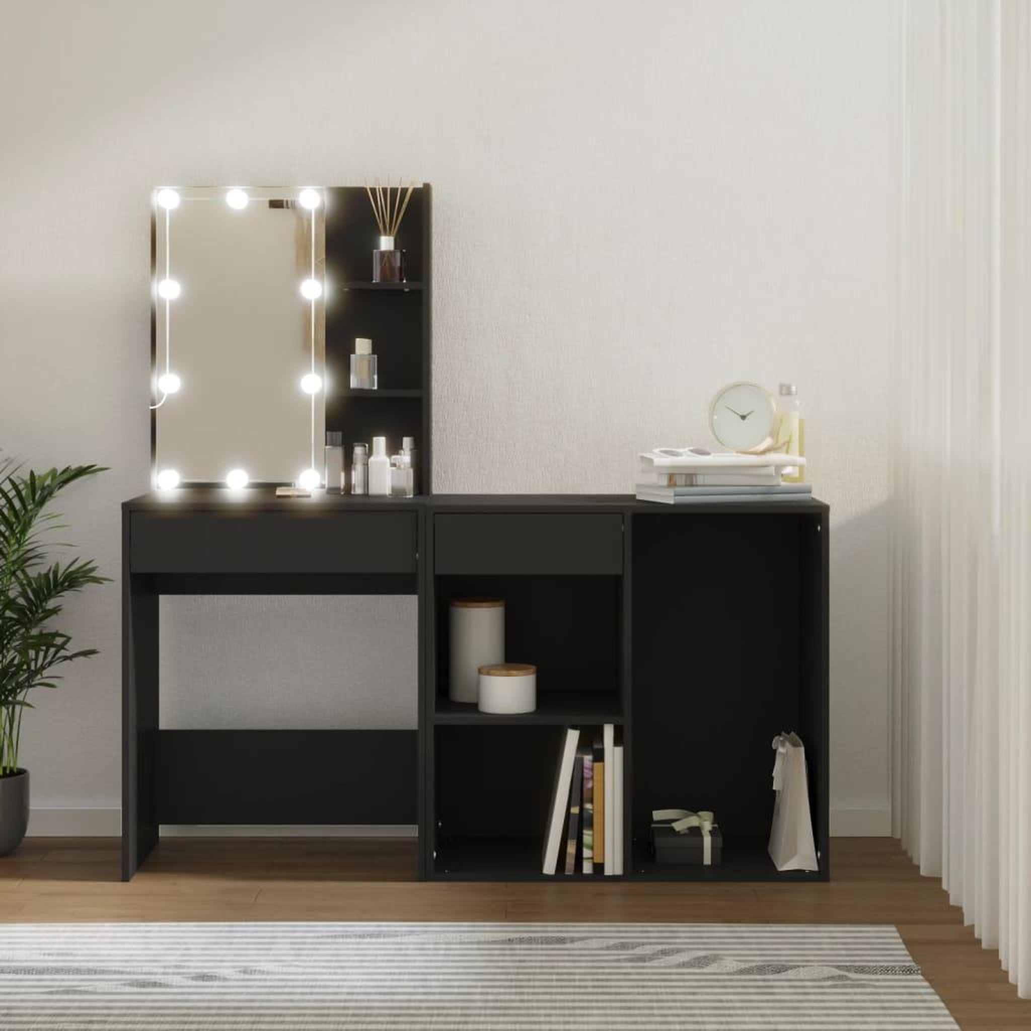 Voir la diapositive 3 : VIDAXL Coiffeuse a LED avec armoire noir bois d'ingenierie