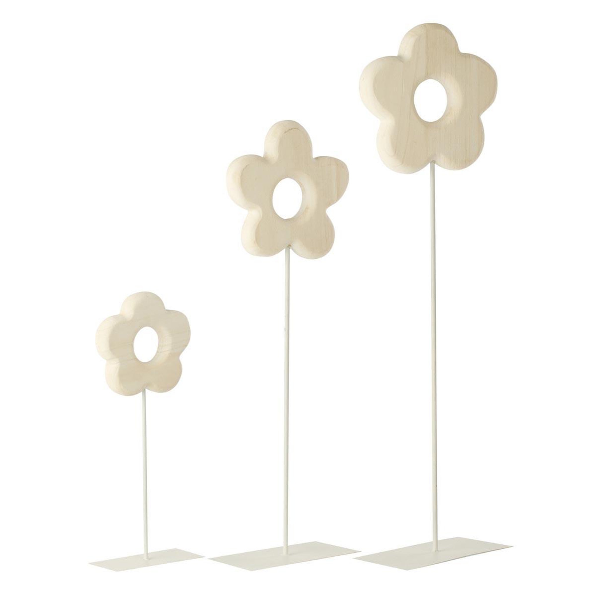 J-LINE Lot de 3 fleurs déco en bois  dona  100cm blanc