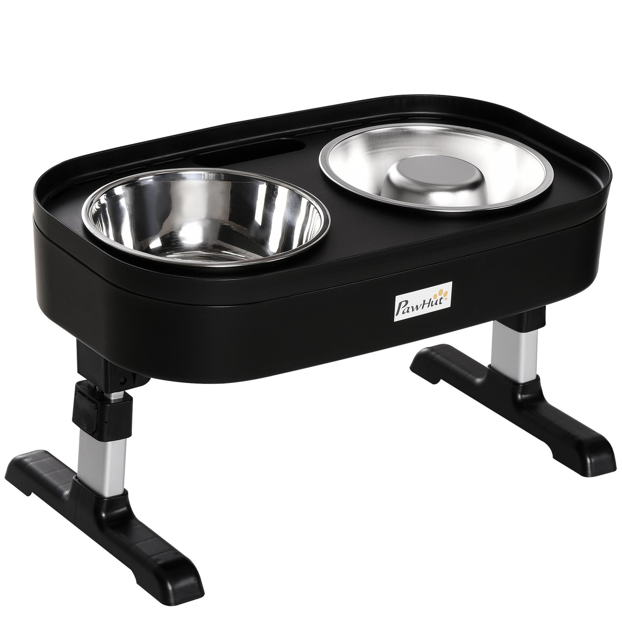 Voir la diapositive 1 : PAWHUT Porte double gamelles surélevé 2 bols acier inox. hauteur réglable - dim. 43L x 25l x 30H cm - PP noir