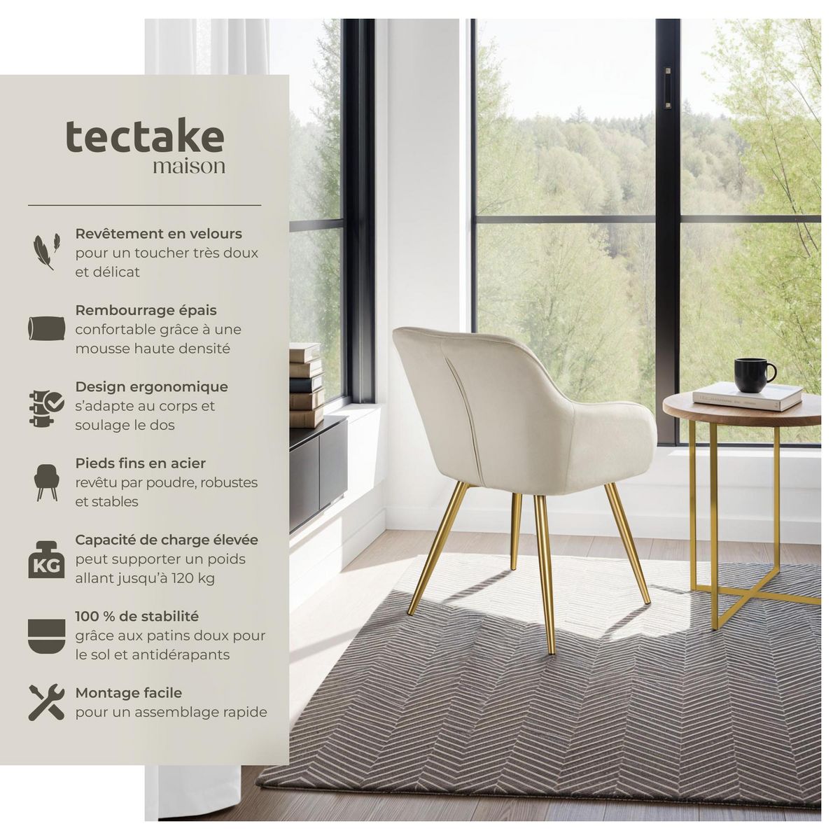 tectake Chaise rembourrée aspect velours crème/or