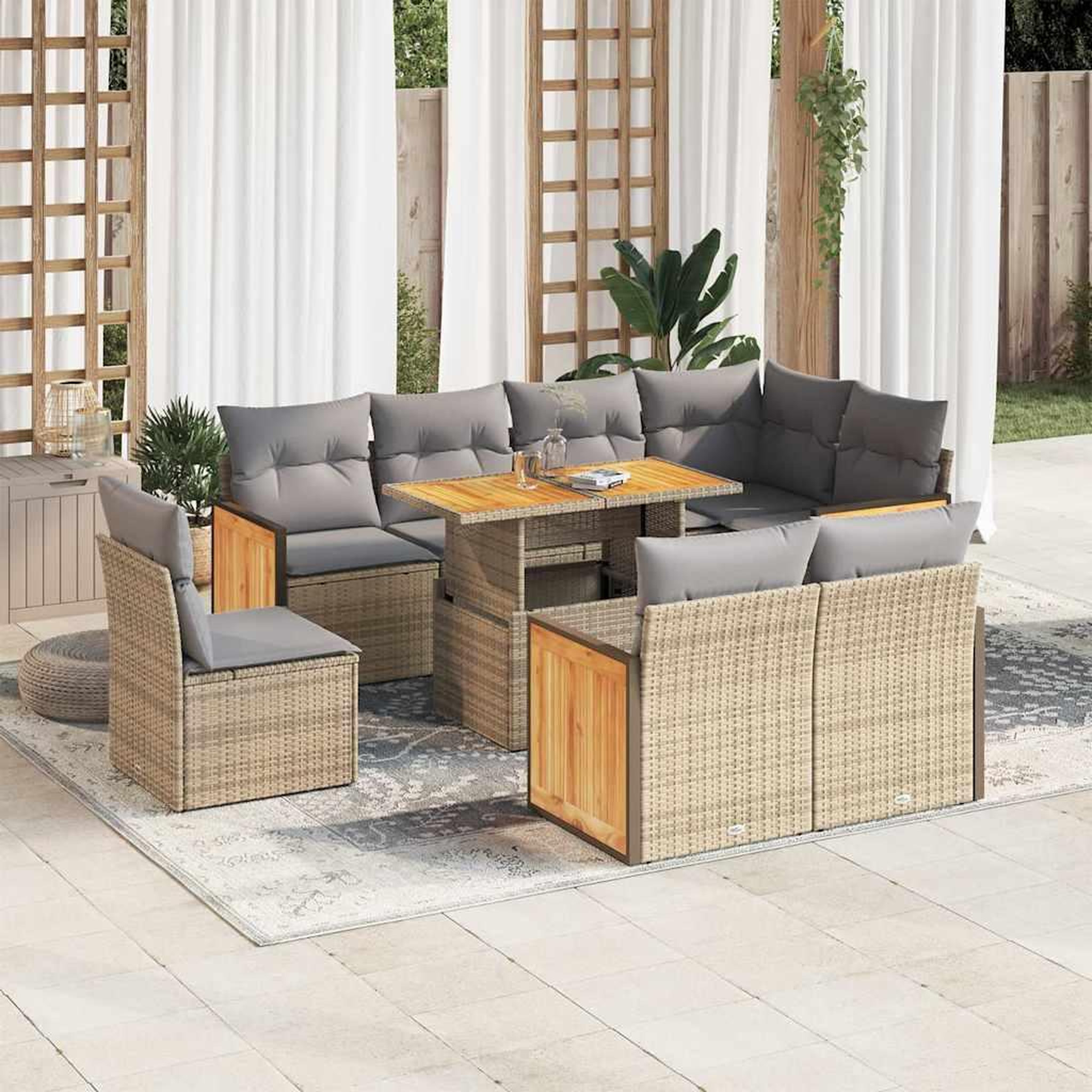 VIDAXL Salon de jardin avec coussins 9 pcs beige resine tressee acacia