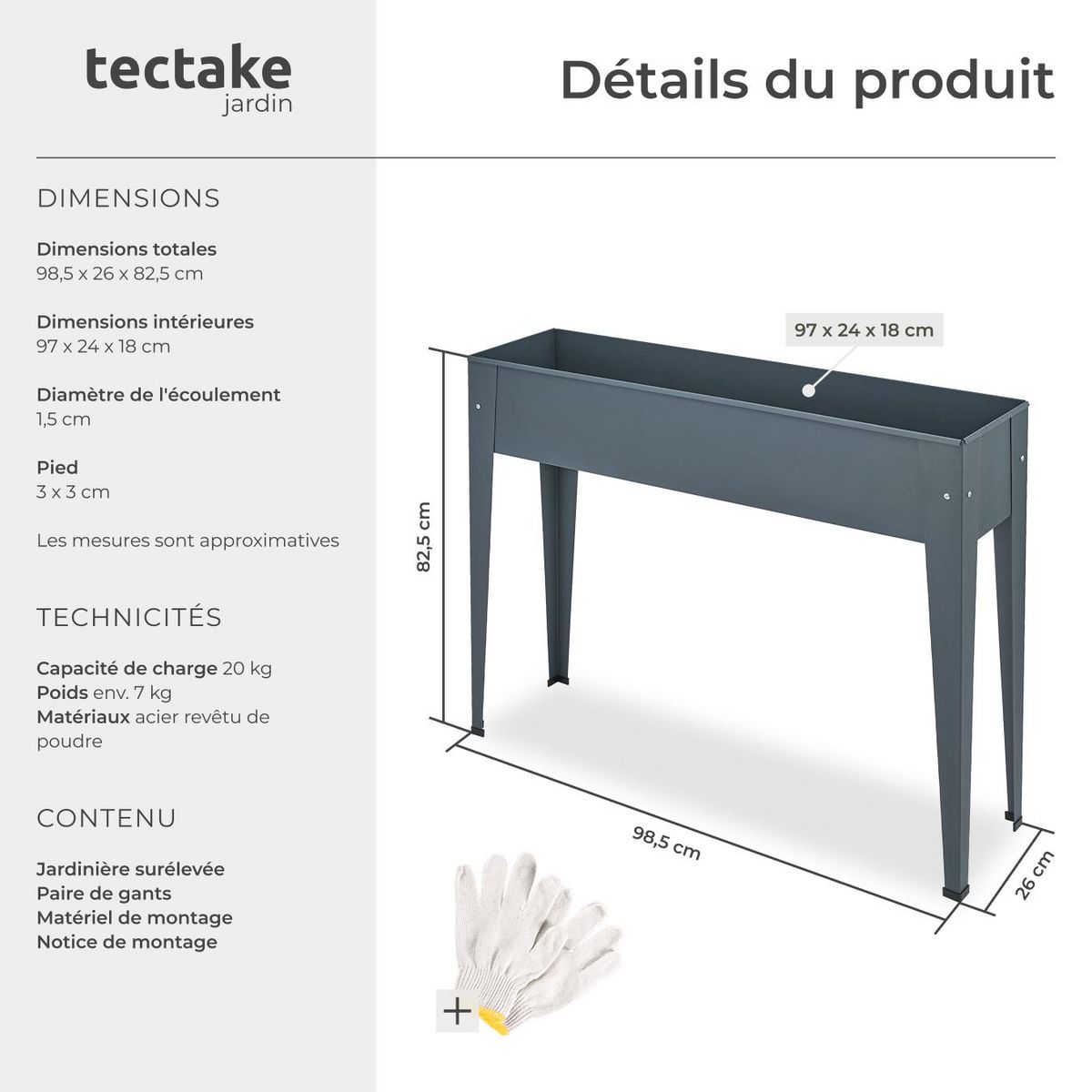 tectake Carré potager sur pied en acier lâqué époxy gris anthracite