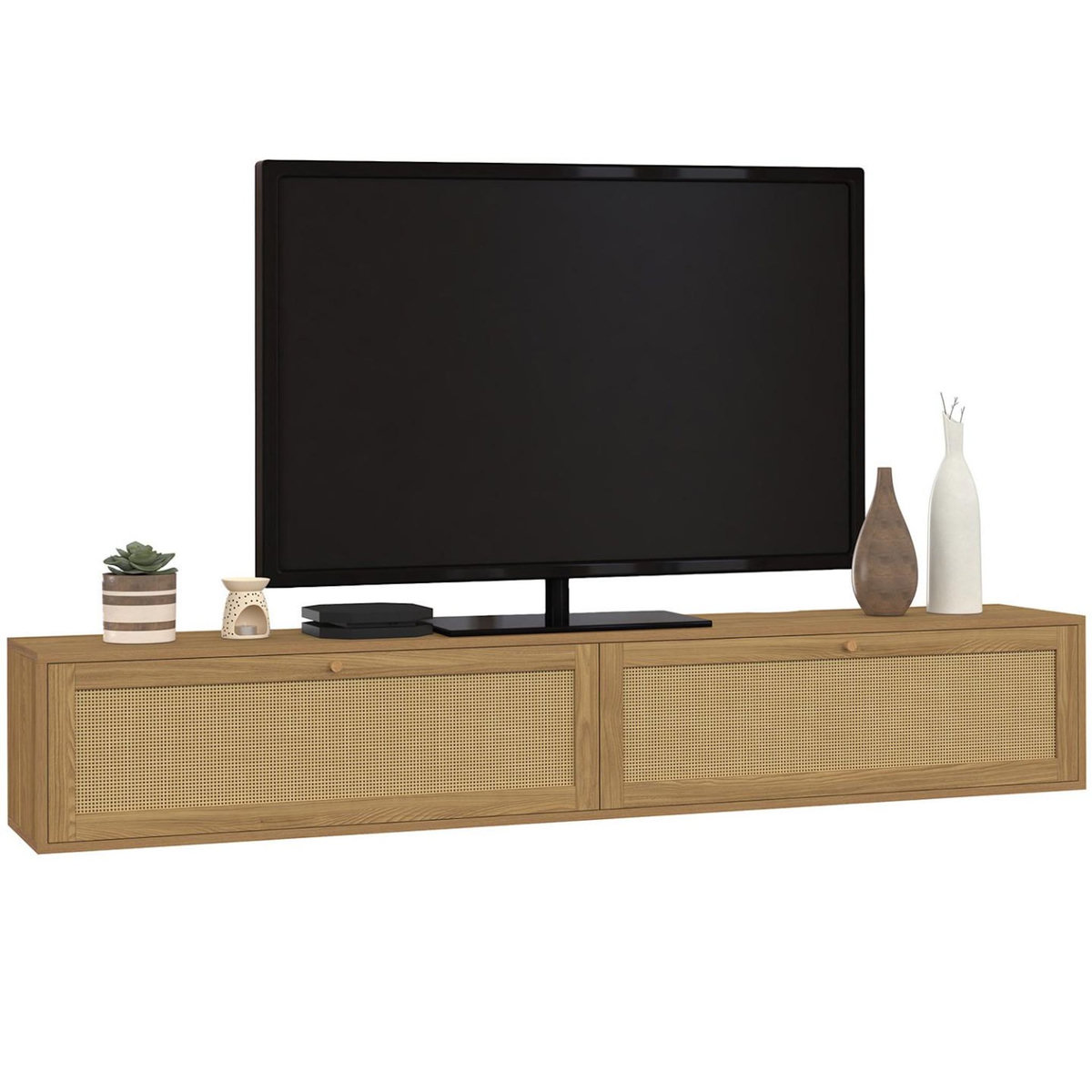 ID MARKET Meuble TV 180 cm suspendu HANAE 2 portes effet naturel cannage