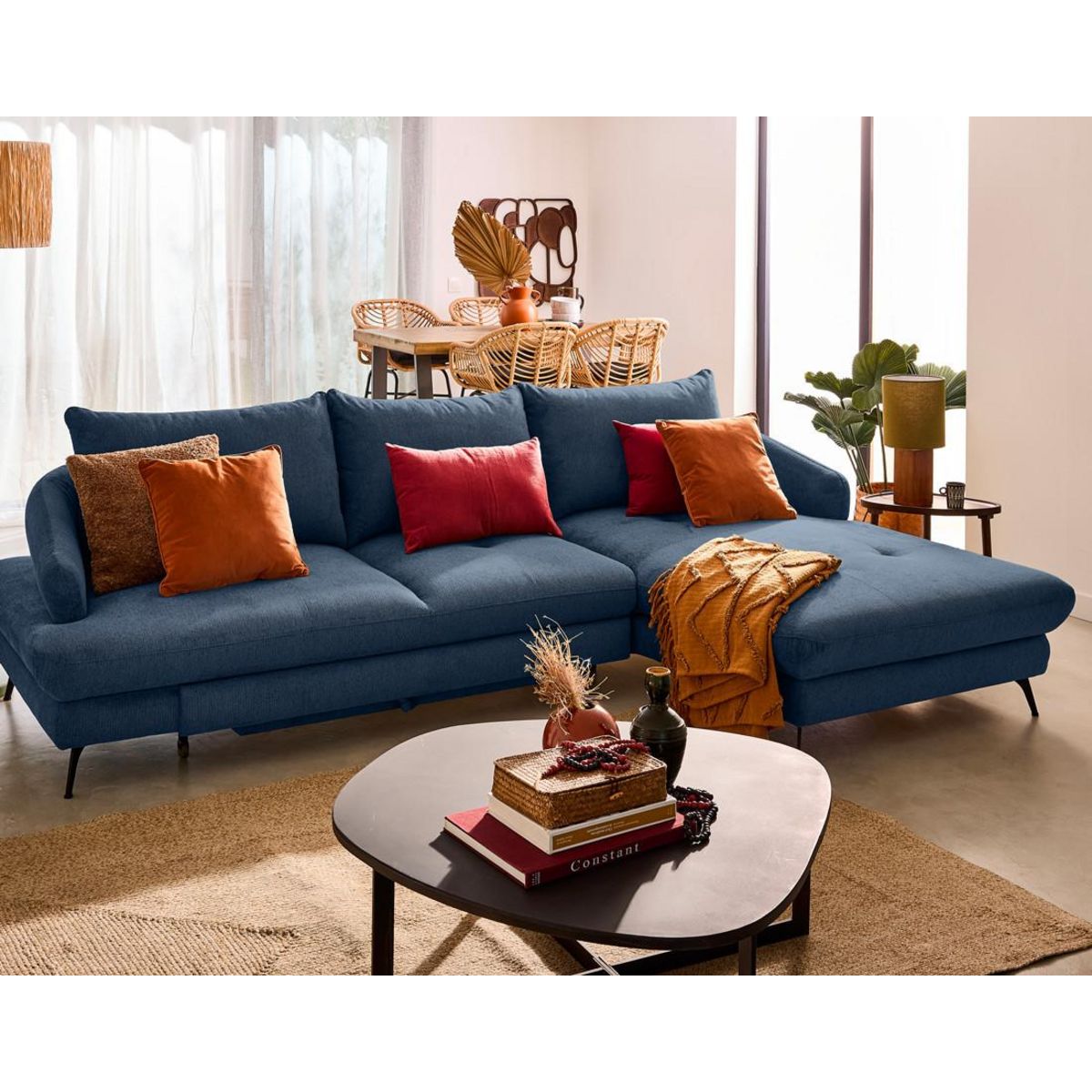 LISA DESIGN Ninon - canapé d'angle droit 4 places convertible avec coffre en tissu texturé