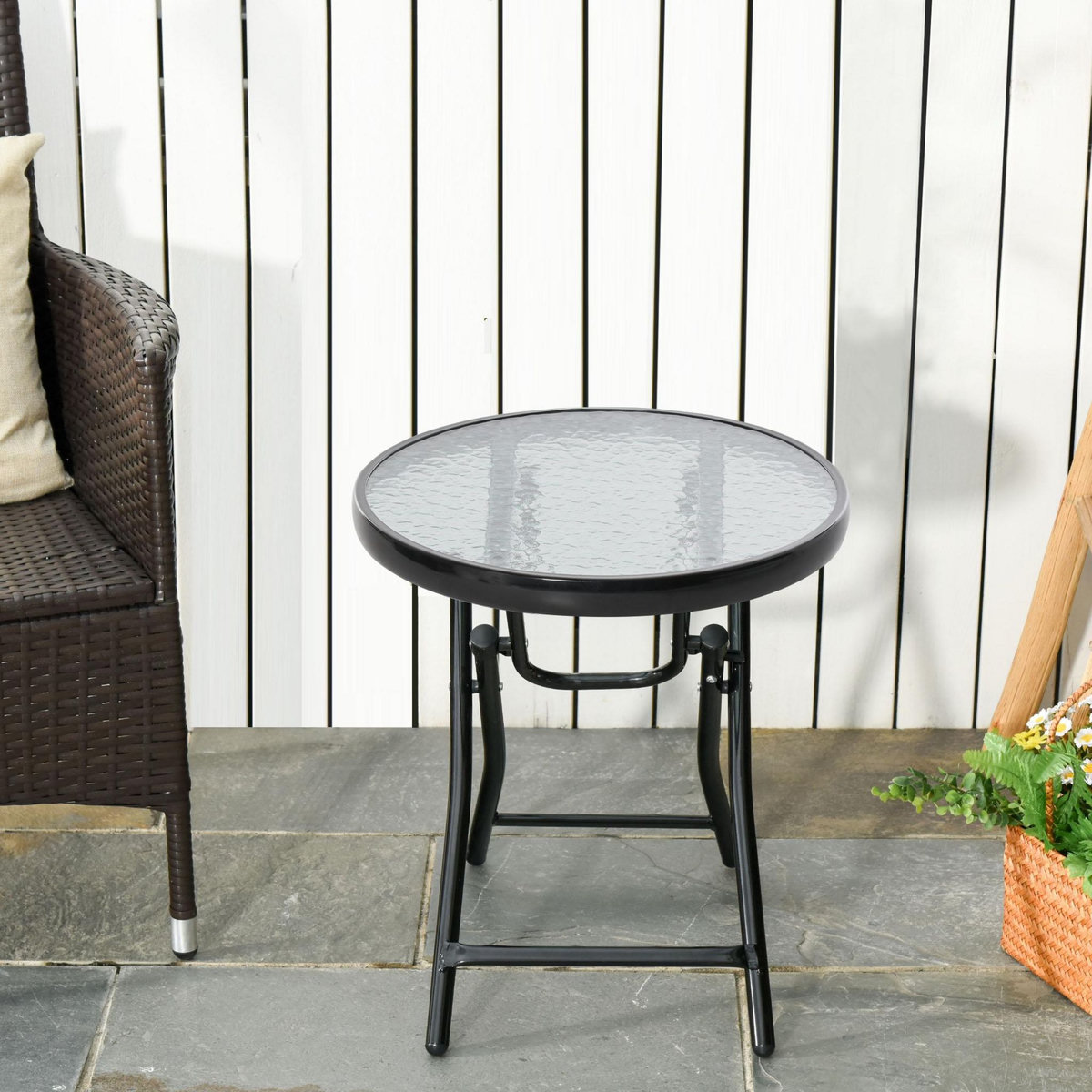 OUTSUNNY Table basse ronde bistro de jardin Ø 45 x 50H cm pliable métal époxy noir plateau verre trempé