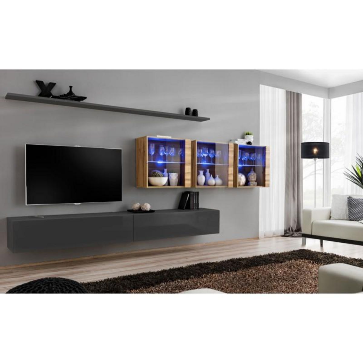 Paris Prix Meuble TV Mural Design  Switch XVII  340cm Gris & Naturel