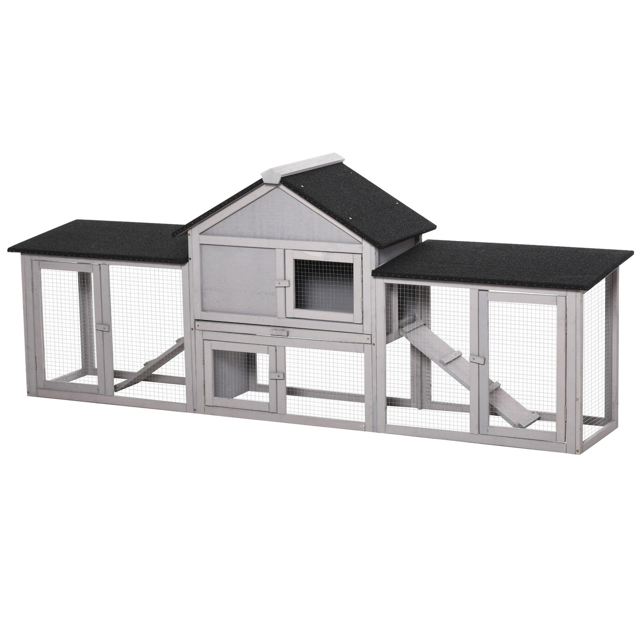 PAWHUT Clapier cage à lapins rongeurs XXL 2 étages toit bitumé intégral tiroir déjection 2,10L x 0,46l x 0,85H m bois pin pré-huilé gris