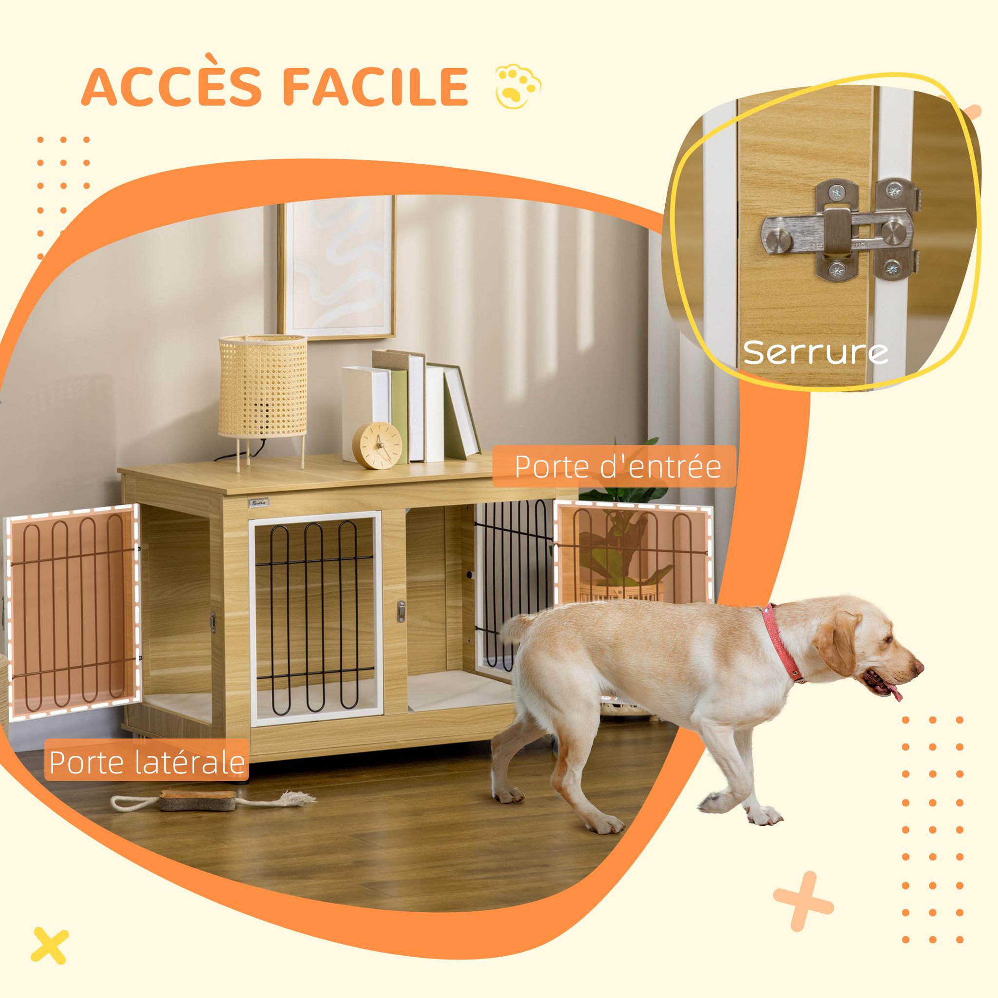 Voir la diapositive 6 : PAWHUT Cage pour chien sur pied - 2 portes verrouillables, coussin déhoussable inclus - acier filaire noir panneaux aspect bois clair