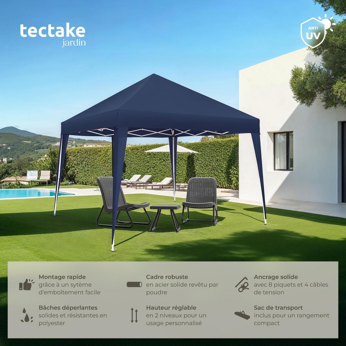 tectake Tonnelle 3 x 3 m bleu