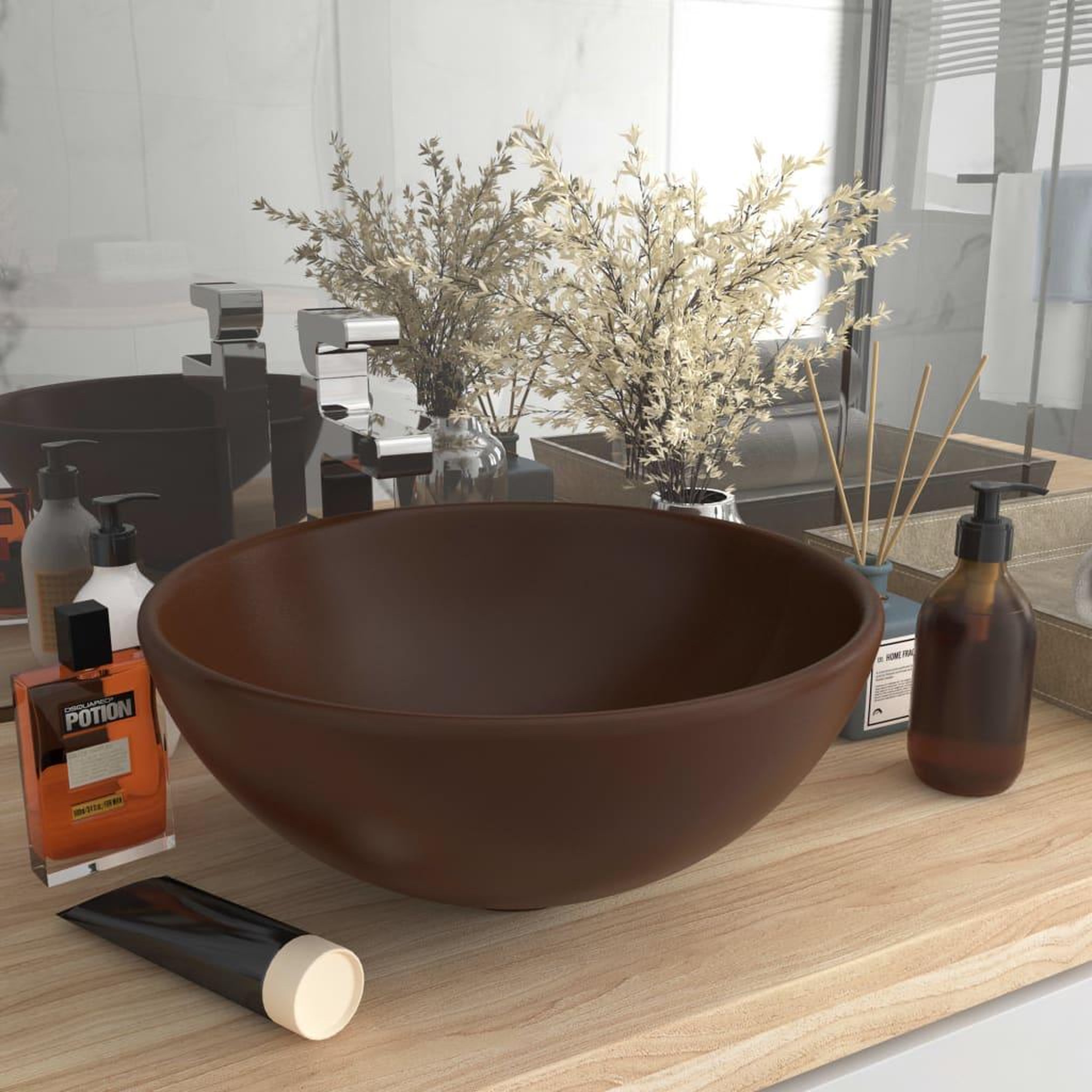Voir la diapositive 1 : VIDAXL Lavabo rond salle de bain Marron fonce mat 32,5x14 cm Ceramique