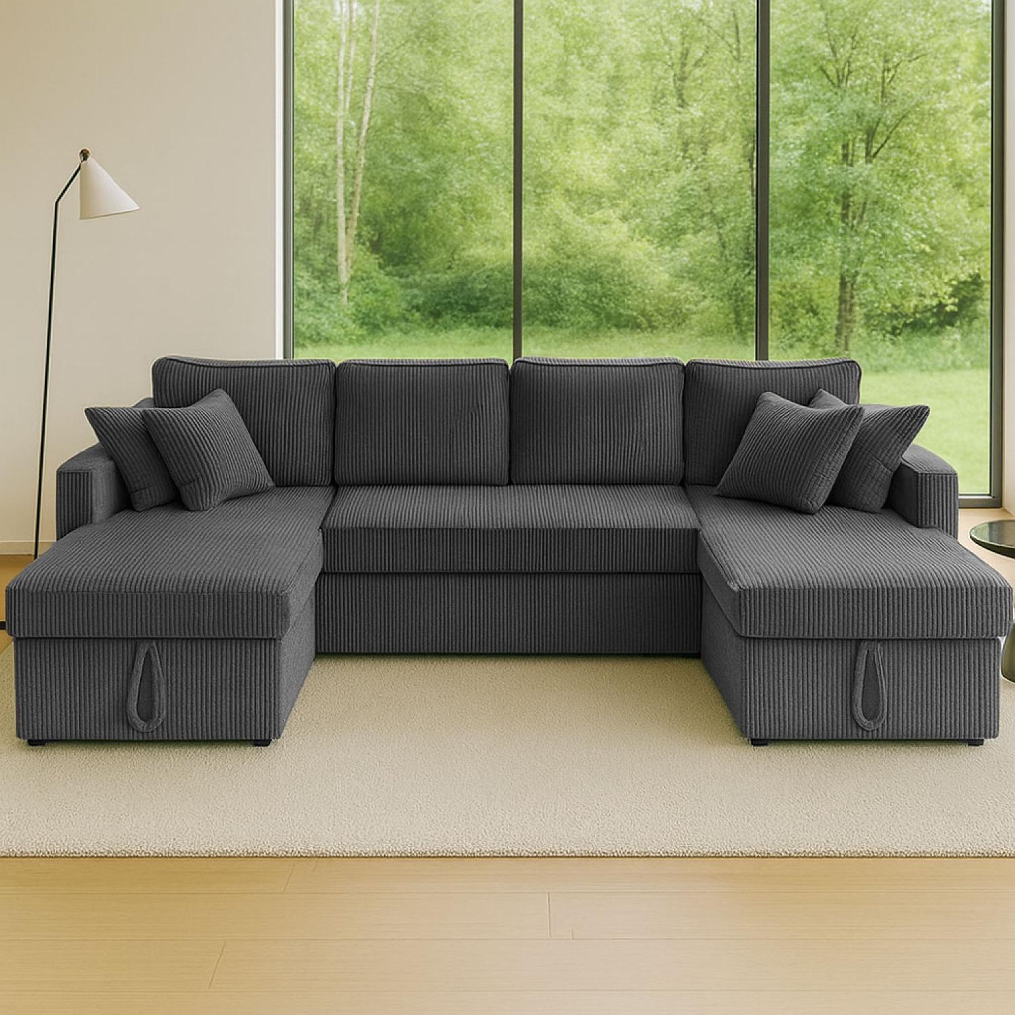 Voir la diapositive 2 : CONCEPT USINE Canapé panoramique convertible avec coffres 4 places en velours côtelé gris mahé