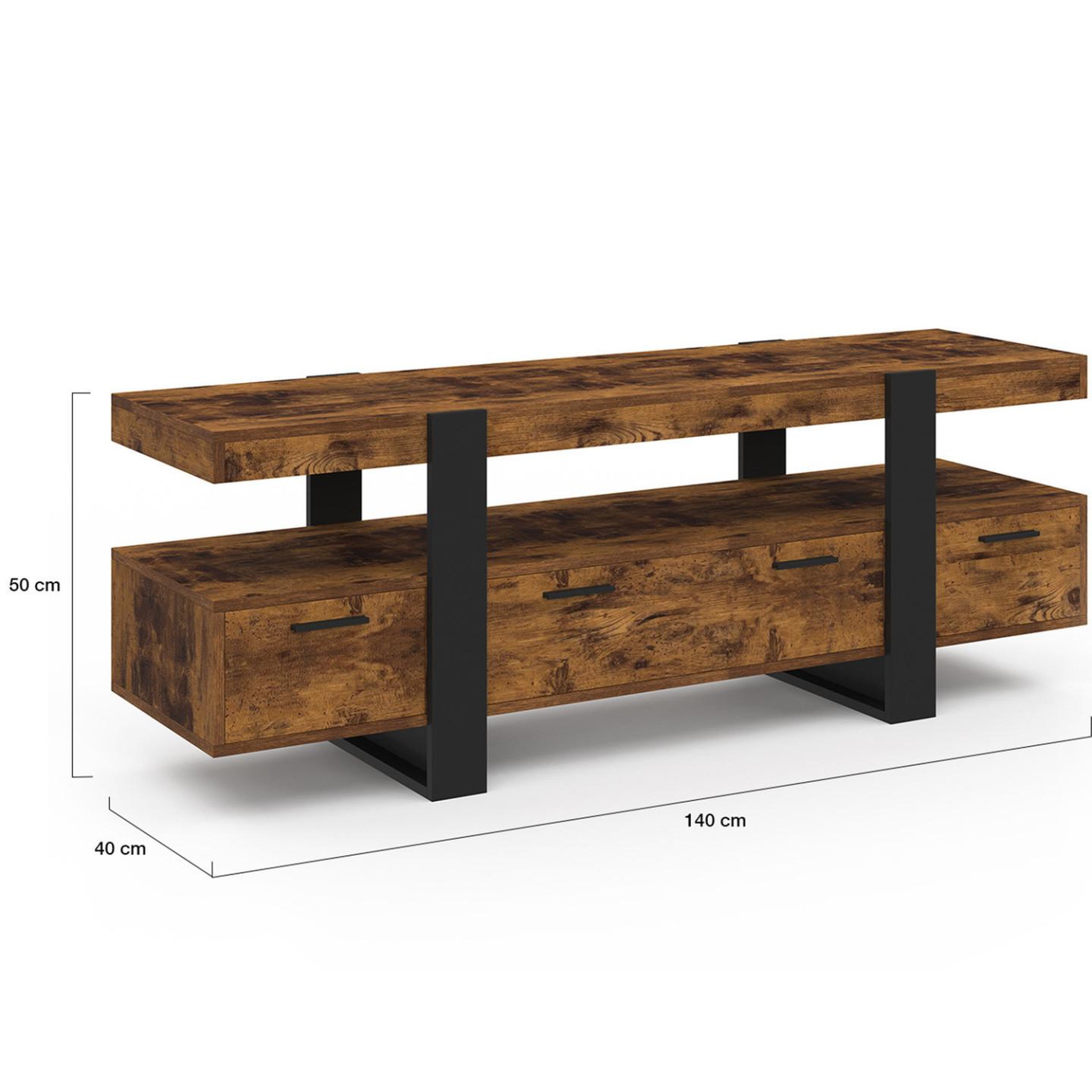 Voir la diapositive 5 : ID MARKET Meuble tv 140 cm phoenix avec tiroirs bois effet vieilli et noir