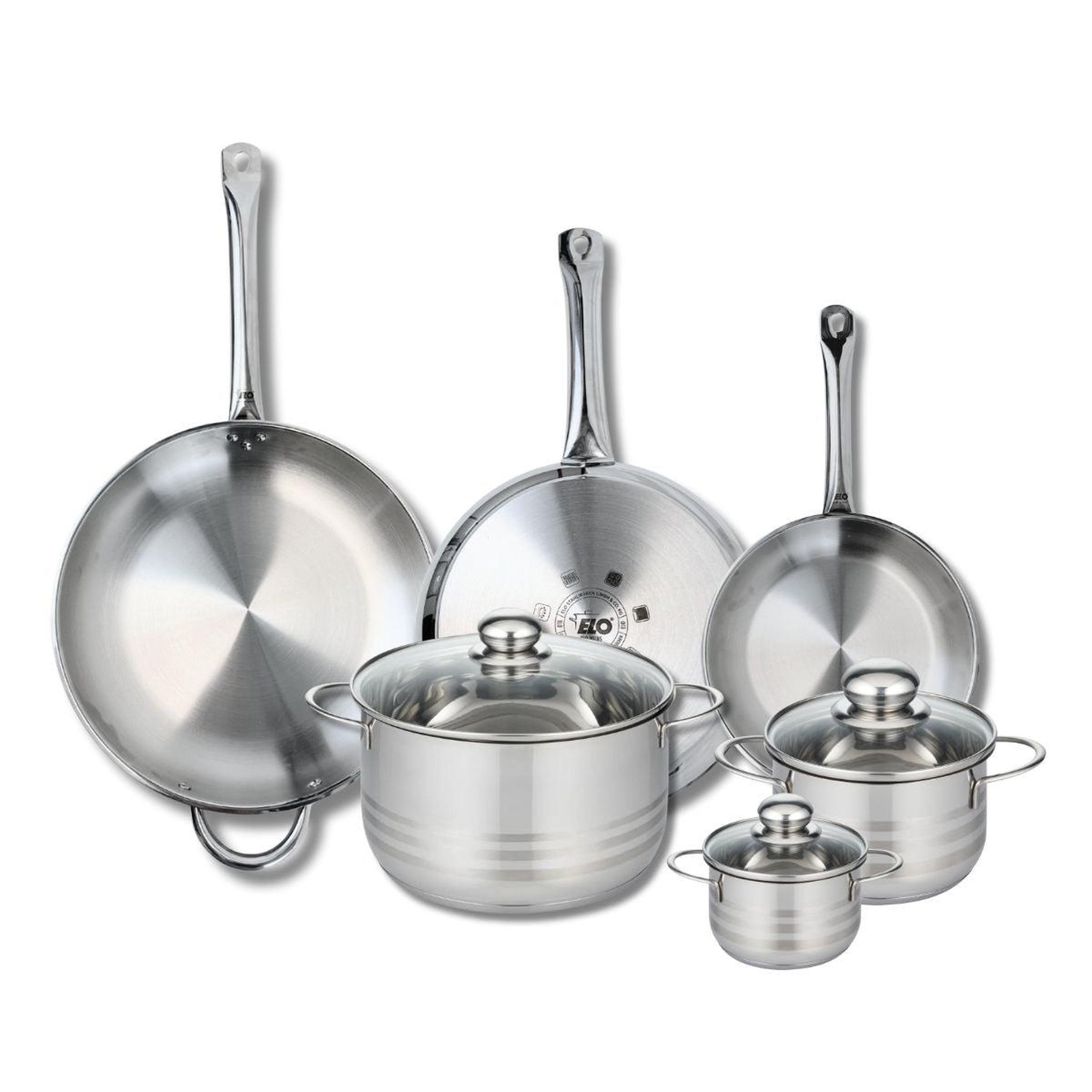 ELO Ensemble de 3 poêles de cuisson 24, 28 et 32 cm et 3 faitouts 12, 16 et 24 cm elo profi brillant