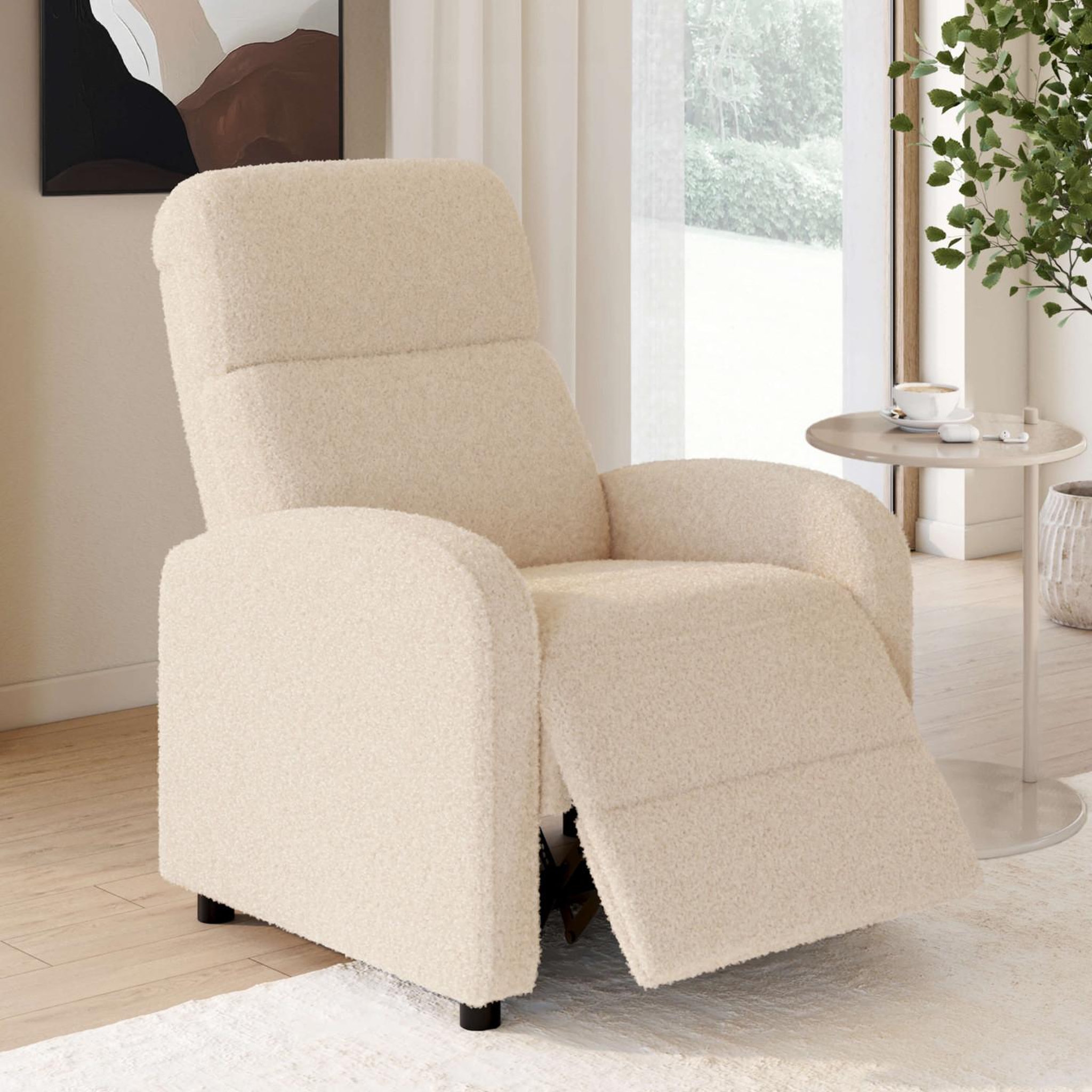 Voir la diapositive 2 : ID MARKET Fauteuil relax caleb en tissu bouclette beige avec dossier inclinable et repose pieds