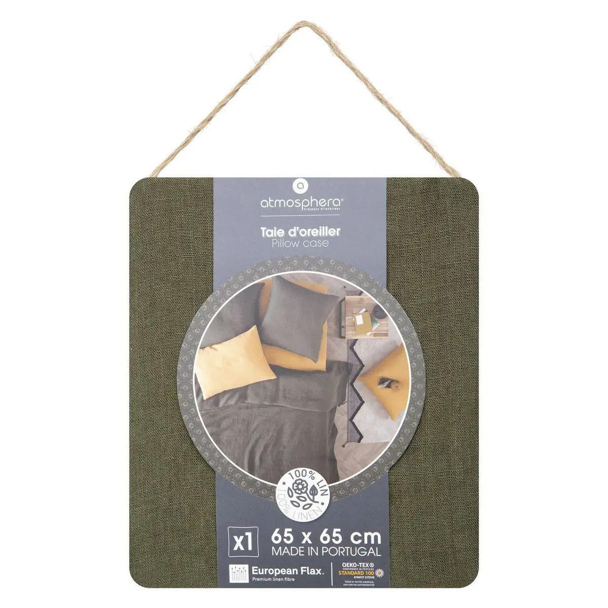 Voir la diapositive 3 : ATMOSPHERA Taie d'oreiller en lin  adorable  65x65cm vert kaki