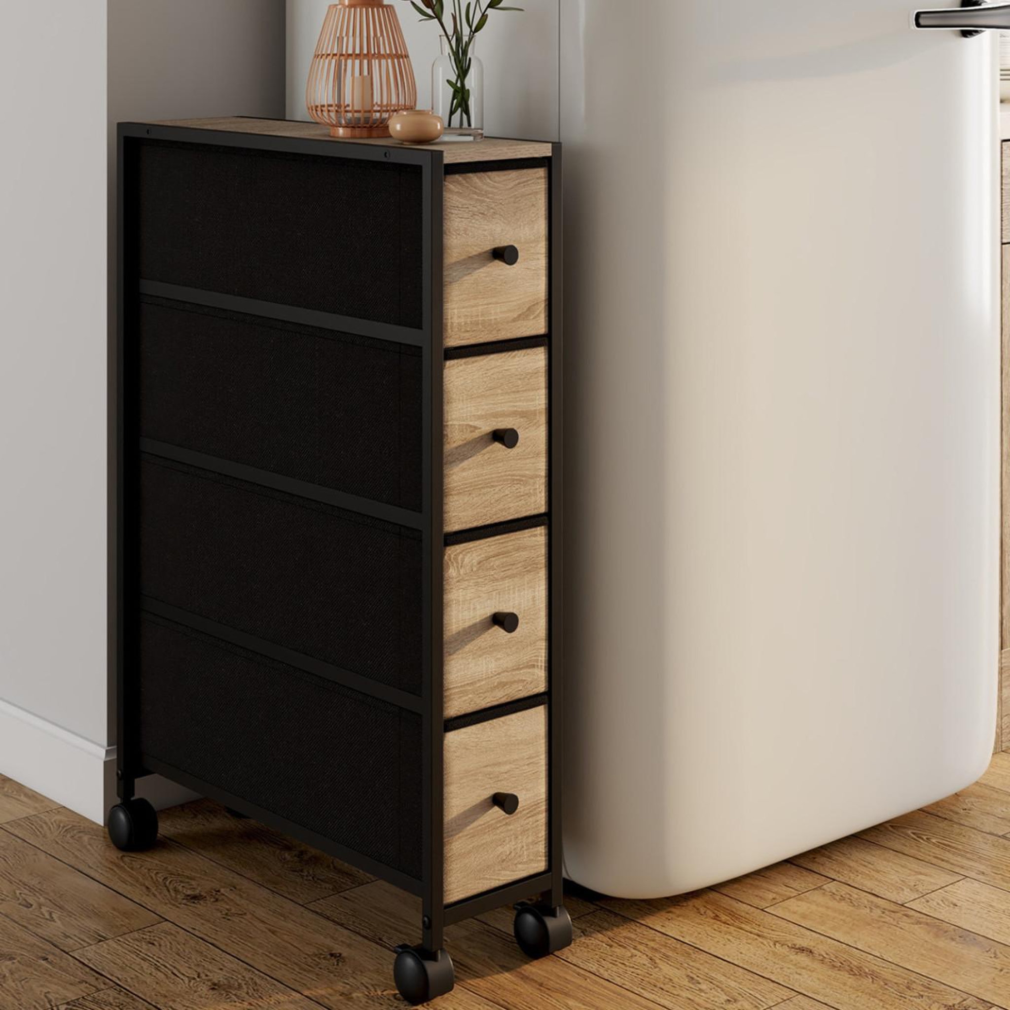 Voir la diapositive 2 : ID MARKET Tour de rangement 4 tiroirs utah sur roulettes colonne gain de place design industriel
