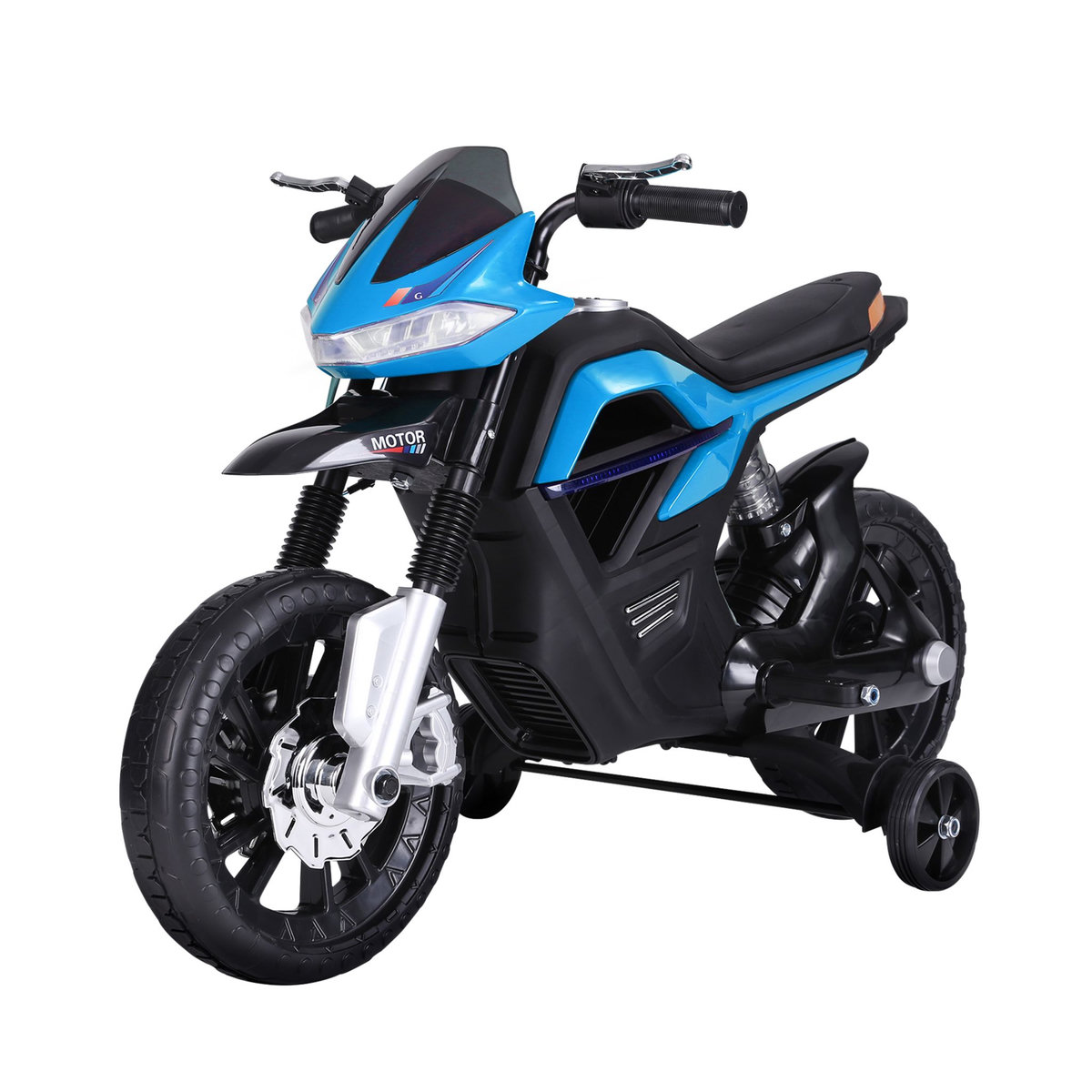 HOMCOM Moto électrique pour enfants 25 W 6 V 3 Km/h effets lumineux et sonores roulettes amovibles bleu