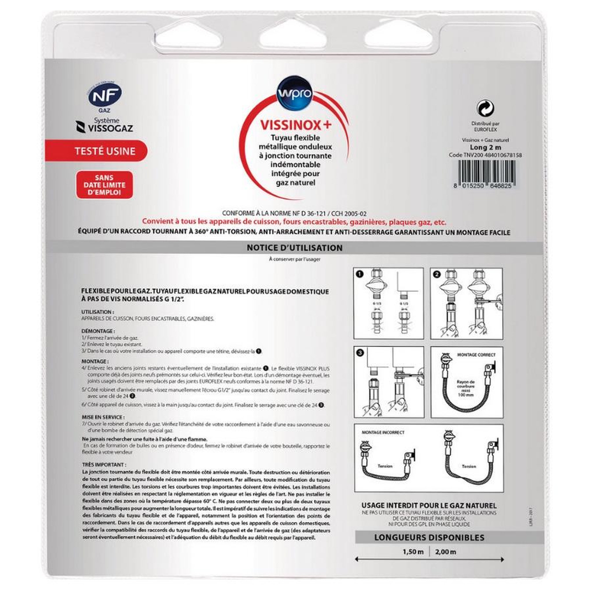 Voir la diapositive 2 : WPRO Tuyau flexible de gaz naturel inox/pvc 2m - tnv200