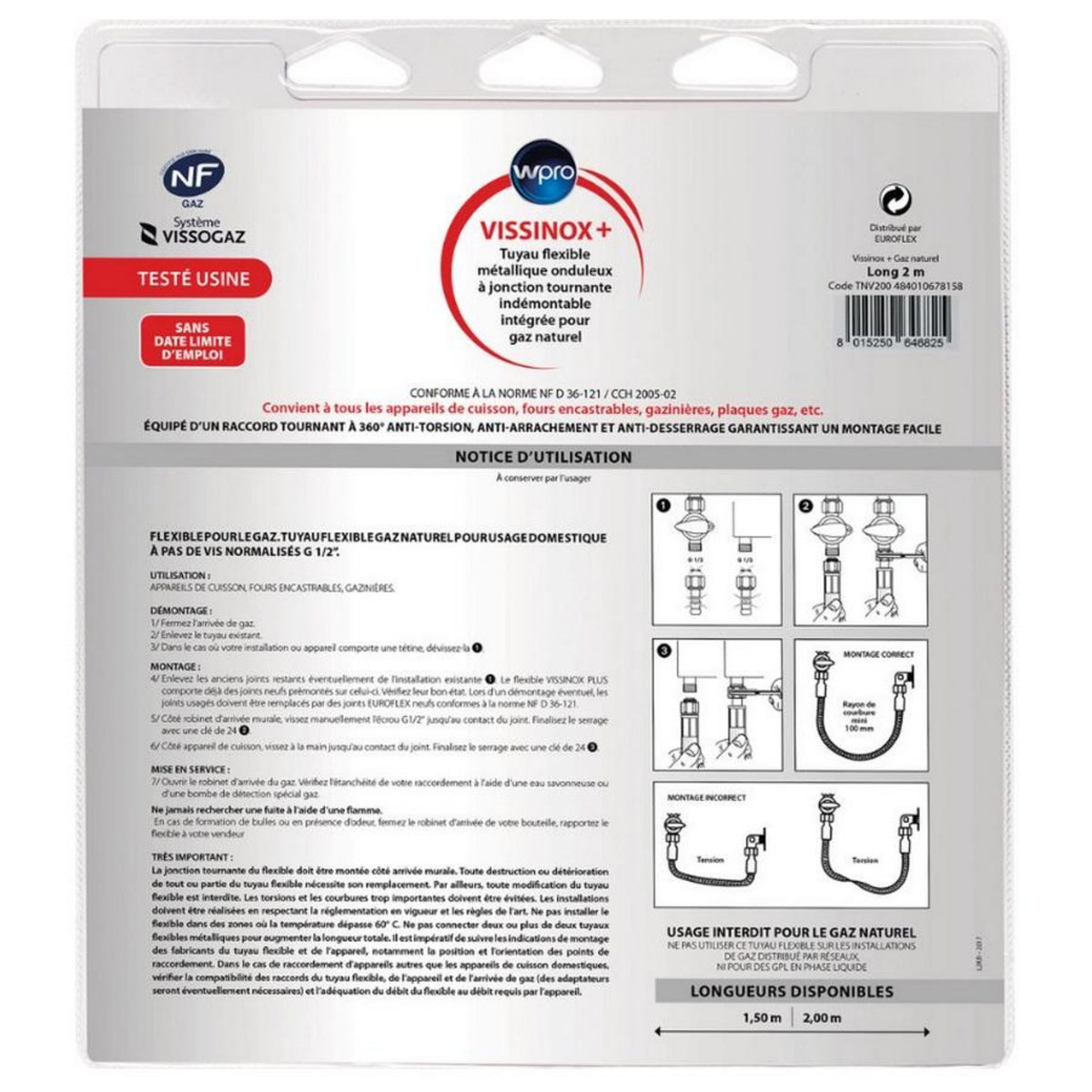 WPRO Tuyau flexible de gaz naturel inox/pvc 2m - TNV200