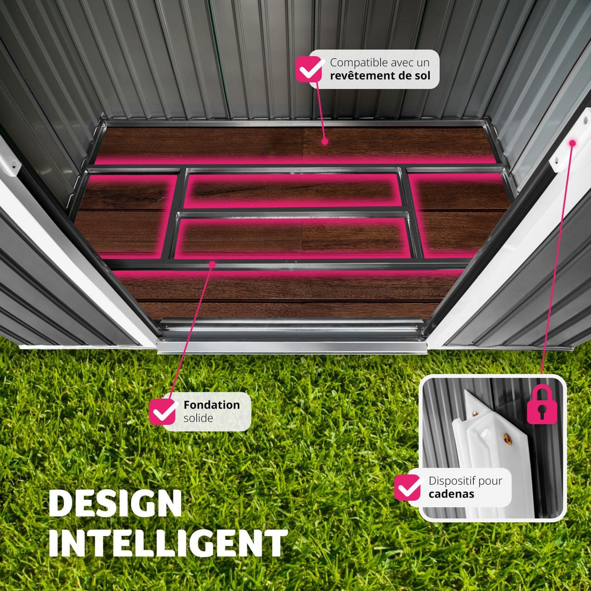 tectake Abri de jardin métal 2,7 m² toiture 2 pans en tôle d'acier gris/blanc