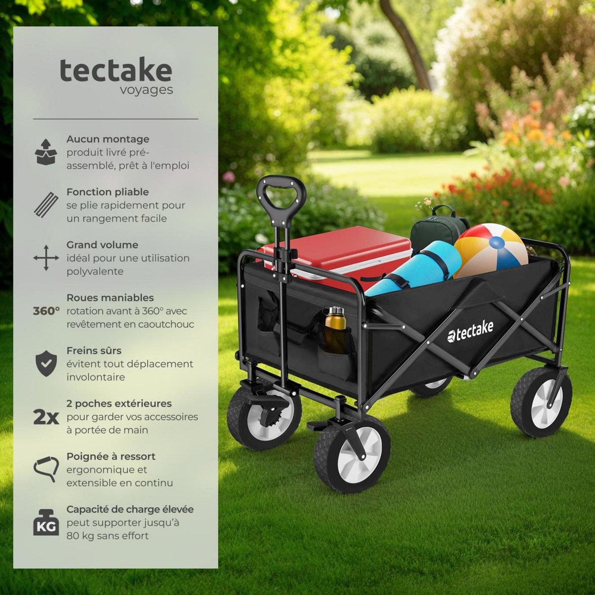 tectake Chariot pliable avec poignée téléscopique noir
