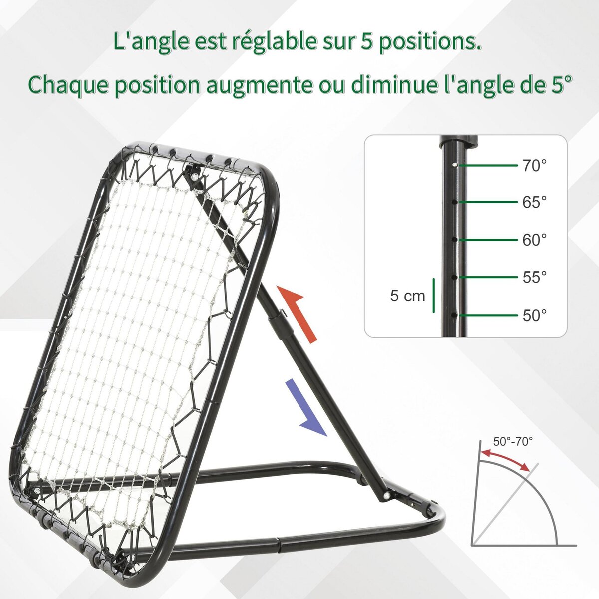 HOMCOM Filet de rebond de football pliable - inclinaison réglable 5 positions - dim. 84L x 78l x 78H cm - piquets d'ancrage inclus filet PE blanc métal époxy noir
