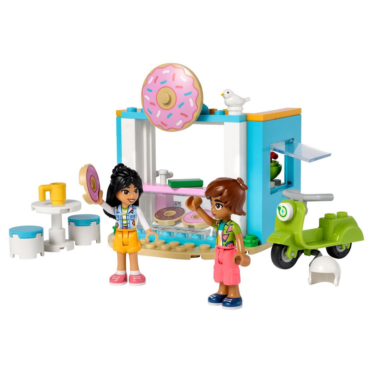 LEGO Friends 41723 Boutique de donuts, Set de Café, Jouet Filles et Garçons 4 Ans avec Mini-Poupées Liane et Léo et Scooter