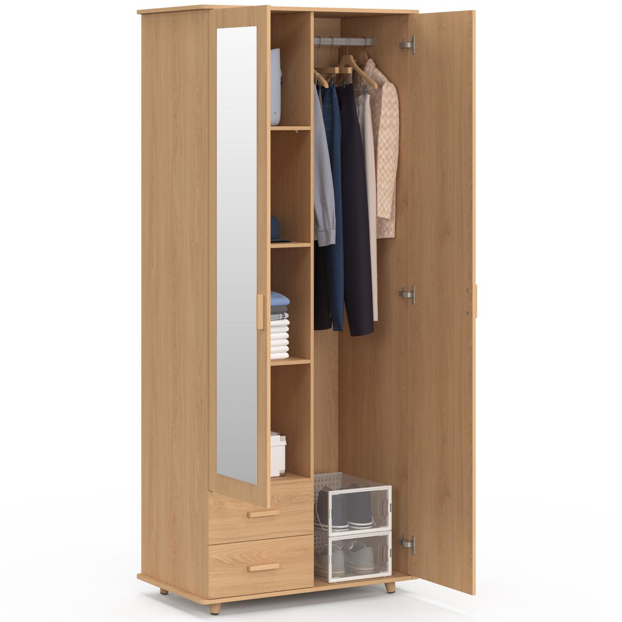Voir la diapositive 3 : ID MARKET Armoire 2 portes juliette effet lattes tasseau bois penderie 80 cm avec 2 tiroirs, miroir et étagères