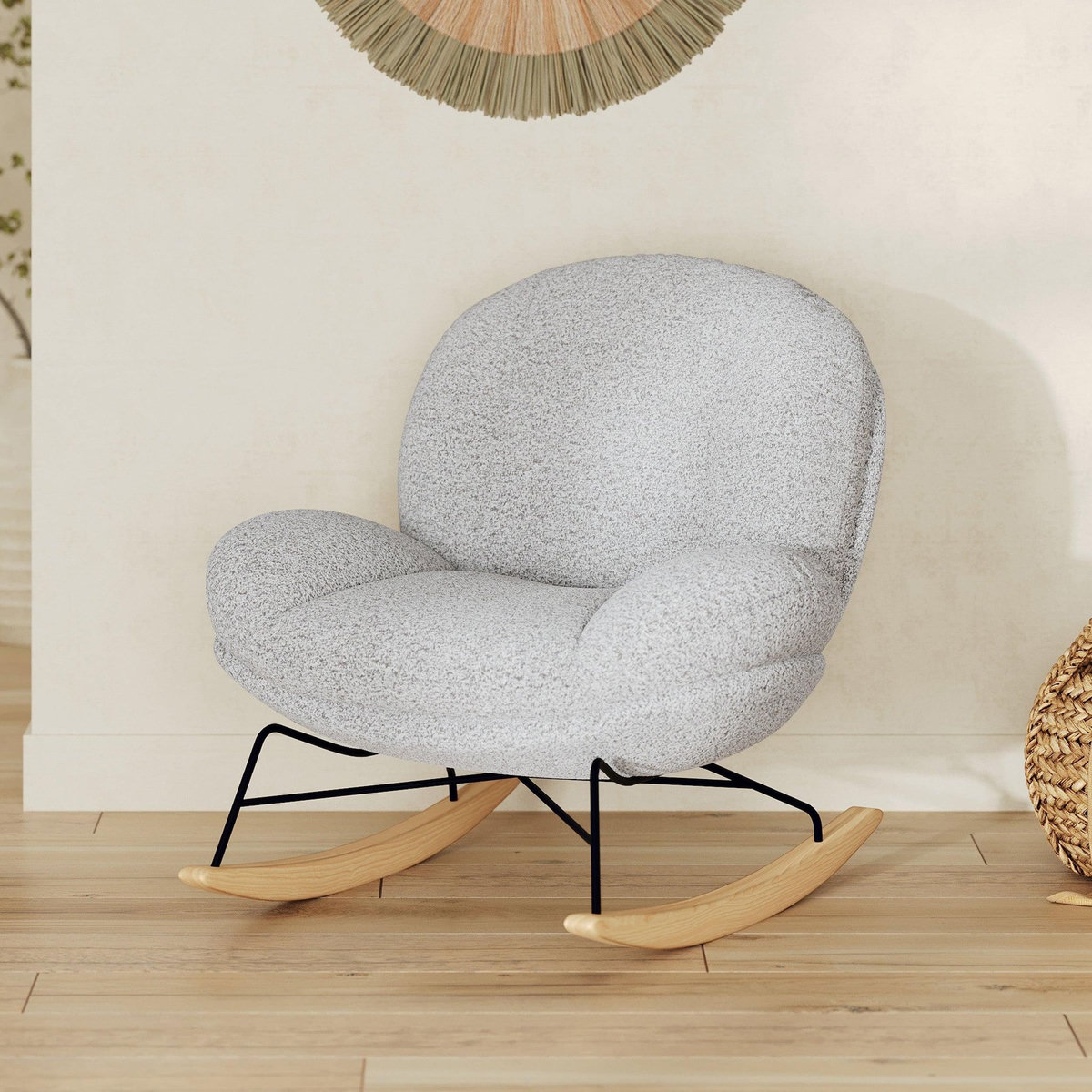 MAISON PAVANE Rocking chair en tissu bouclette gris chiné-Lenny