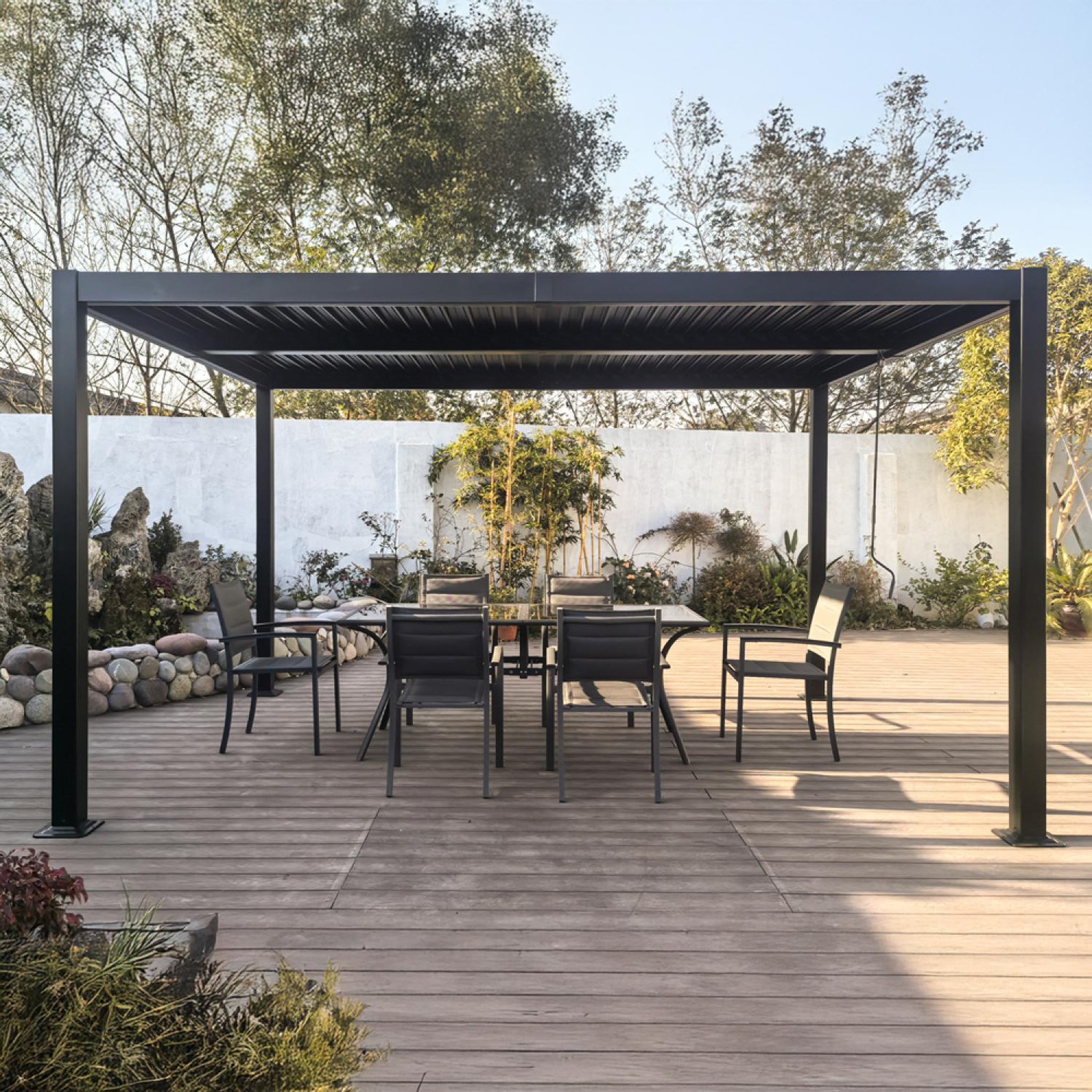 Voir la diapositive 2 : CONCEPT USINE Pergola bioclimatique 4x3m structure et lames en aluminium noir naxos