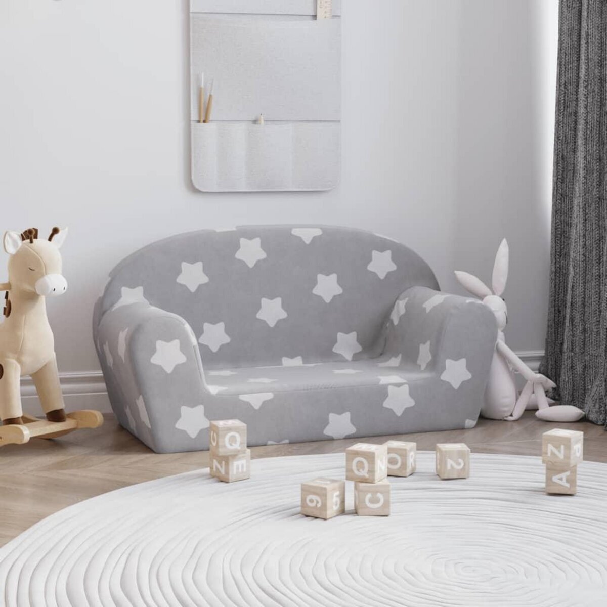 VIDAXL Canape enfants 2 places gris clair avec etoiles peluche douce
