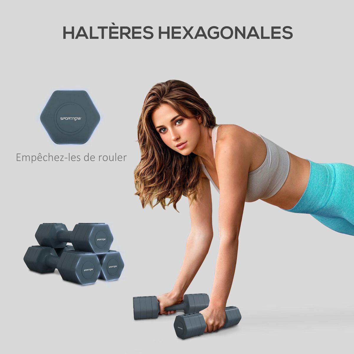 HOMCOM Lot de 2 haltères réglables hexagonales avec poignée antidérapante pour l'entraînement à domicile, 2 x 2.5kg gris