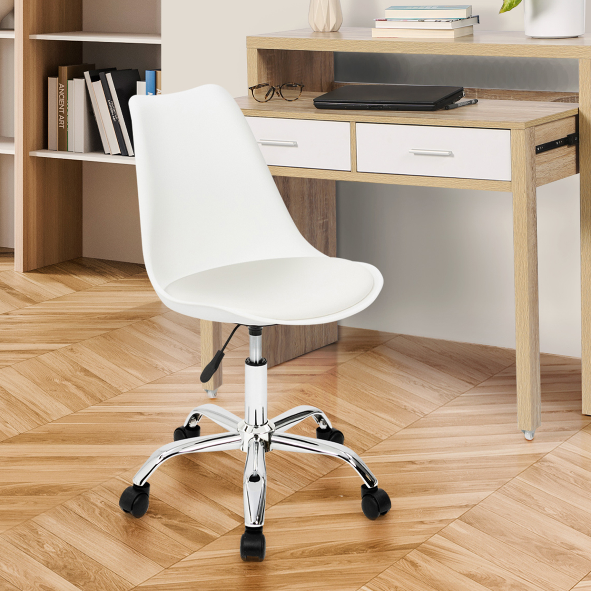 Voir la diapositive 2 : ID MARKET Chaise de bureau scandinave sara blanche à roulettes