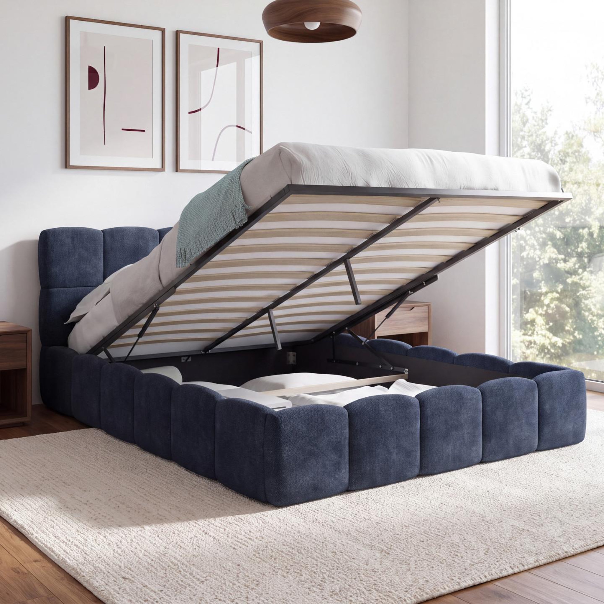 Voir la diapositive 2 : ID MARKET Lit coffre double nuage avec tête de lit matelassée et sommier 140 x 190 cm en tissu effet chenille bleu