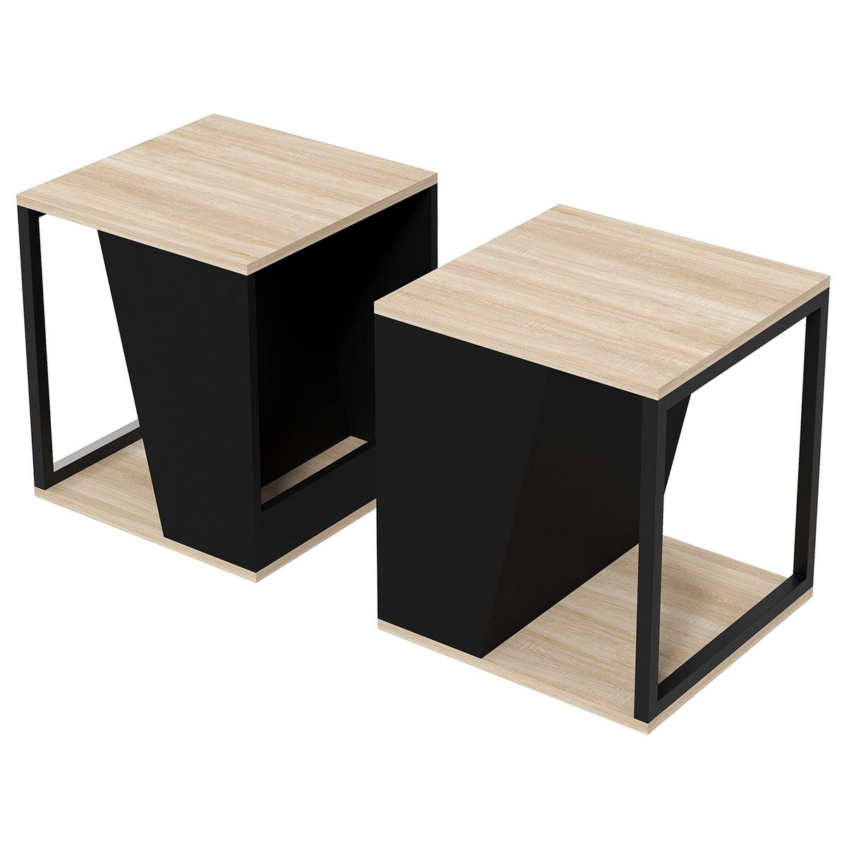 HOMCOM Lot de 2 tables basses bouts de canapé guéridons design acier noir panneaux noir aspect chêne clair