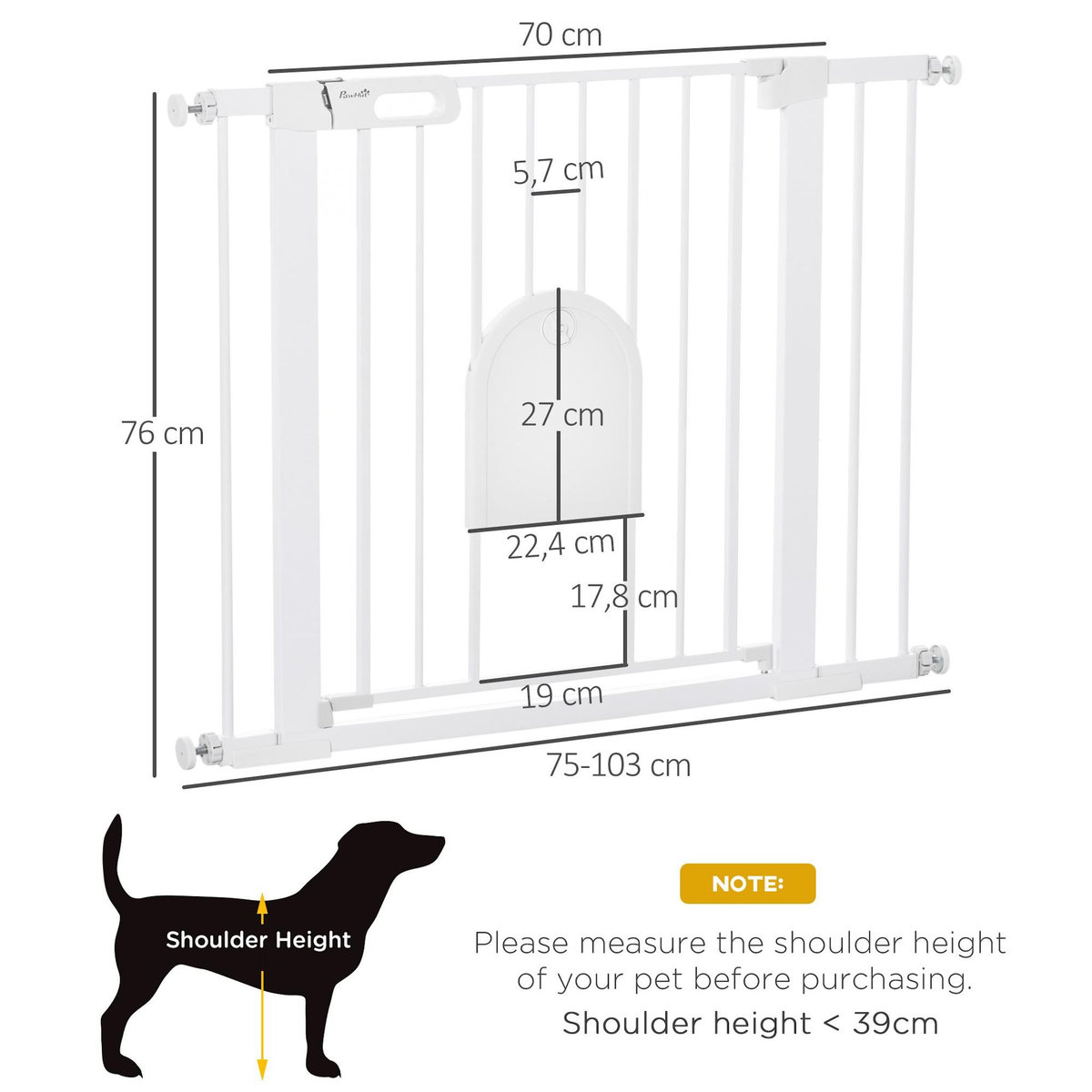 PAWHUT Barrière de sécurité chien H.76 cm - porte verrouillable - fixation par pression 75-103 cm - acier ABS blanc
