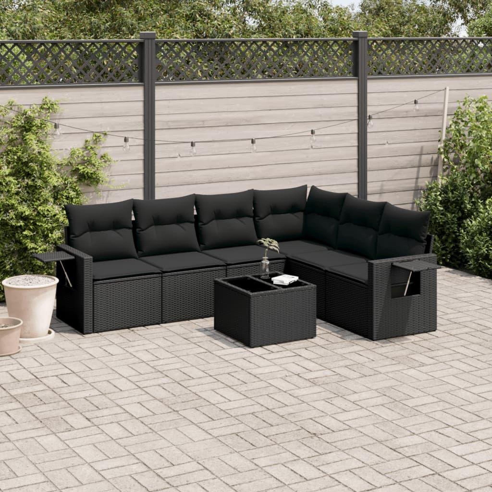 VIDAXL Salon de jardin 7 pcs avec coussins noir resine tressee