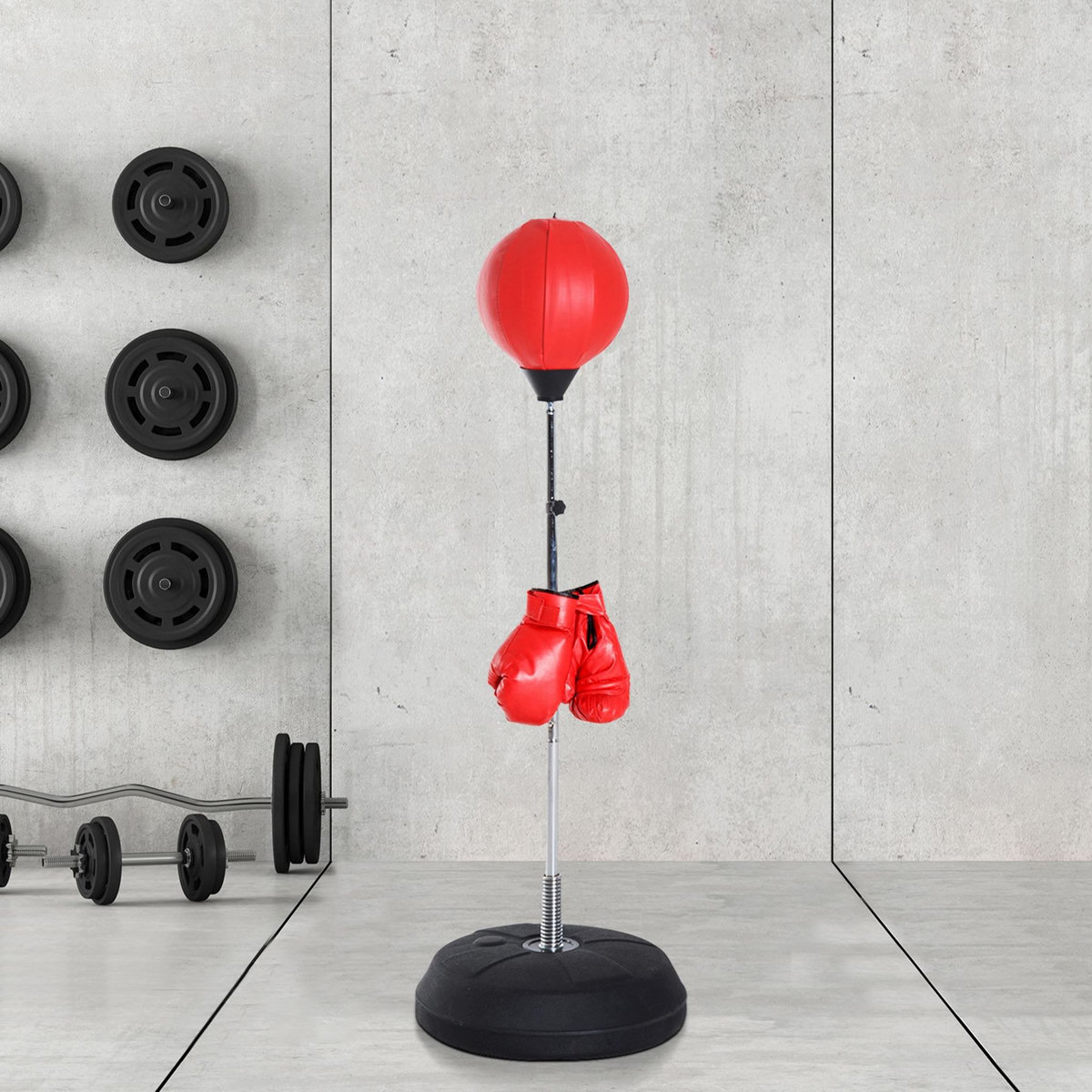 HOMCOM Punching ball sur pied réglable en hauteur 126-144 cm avec gants, pompe et base de lestage rouge