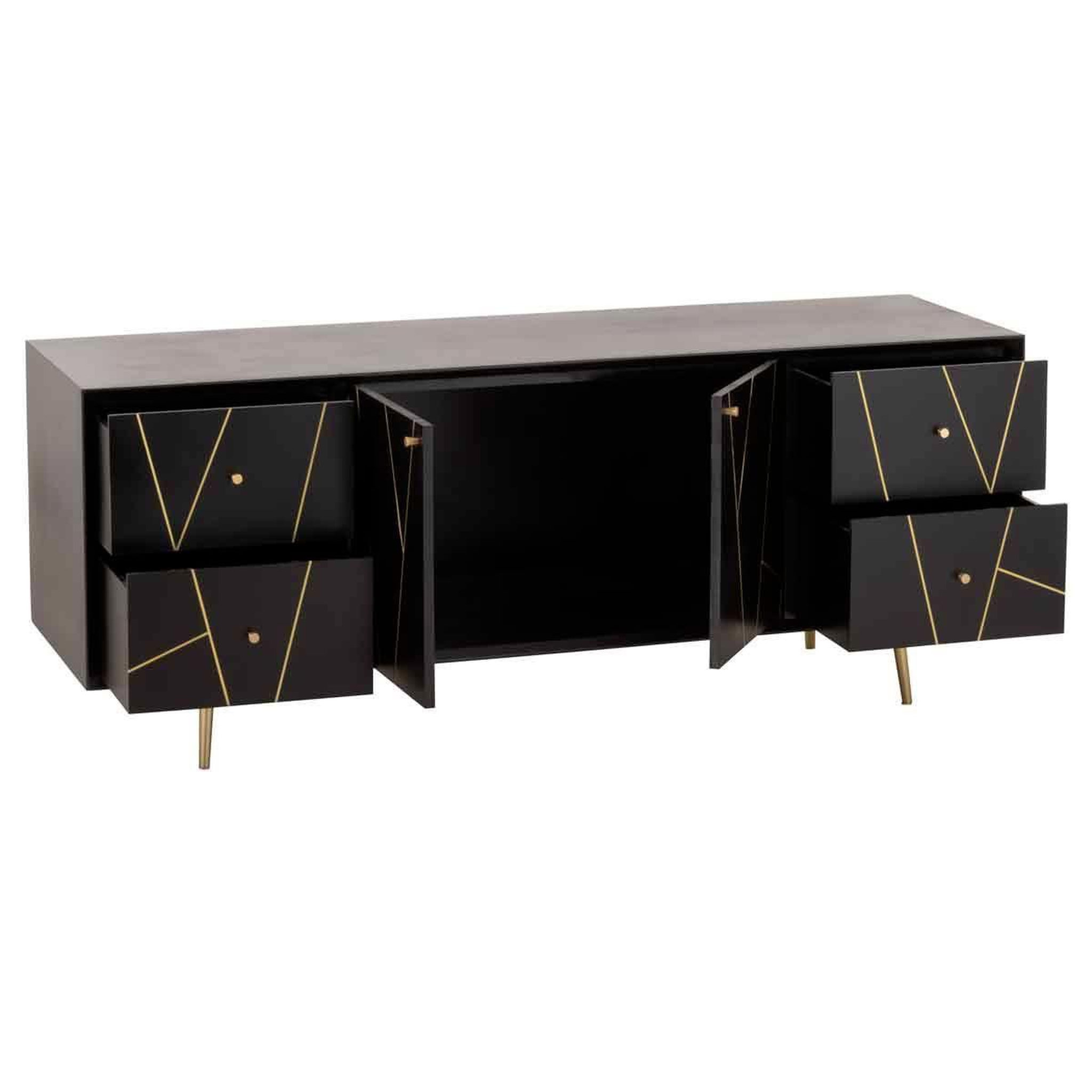 Voir la diapositive 5 : J-LINE Buffet 4 Tiroirs & 2 Portes  Remina  150cm Noir & Or