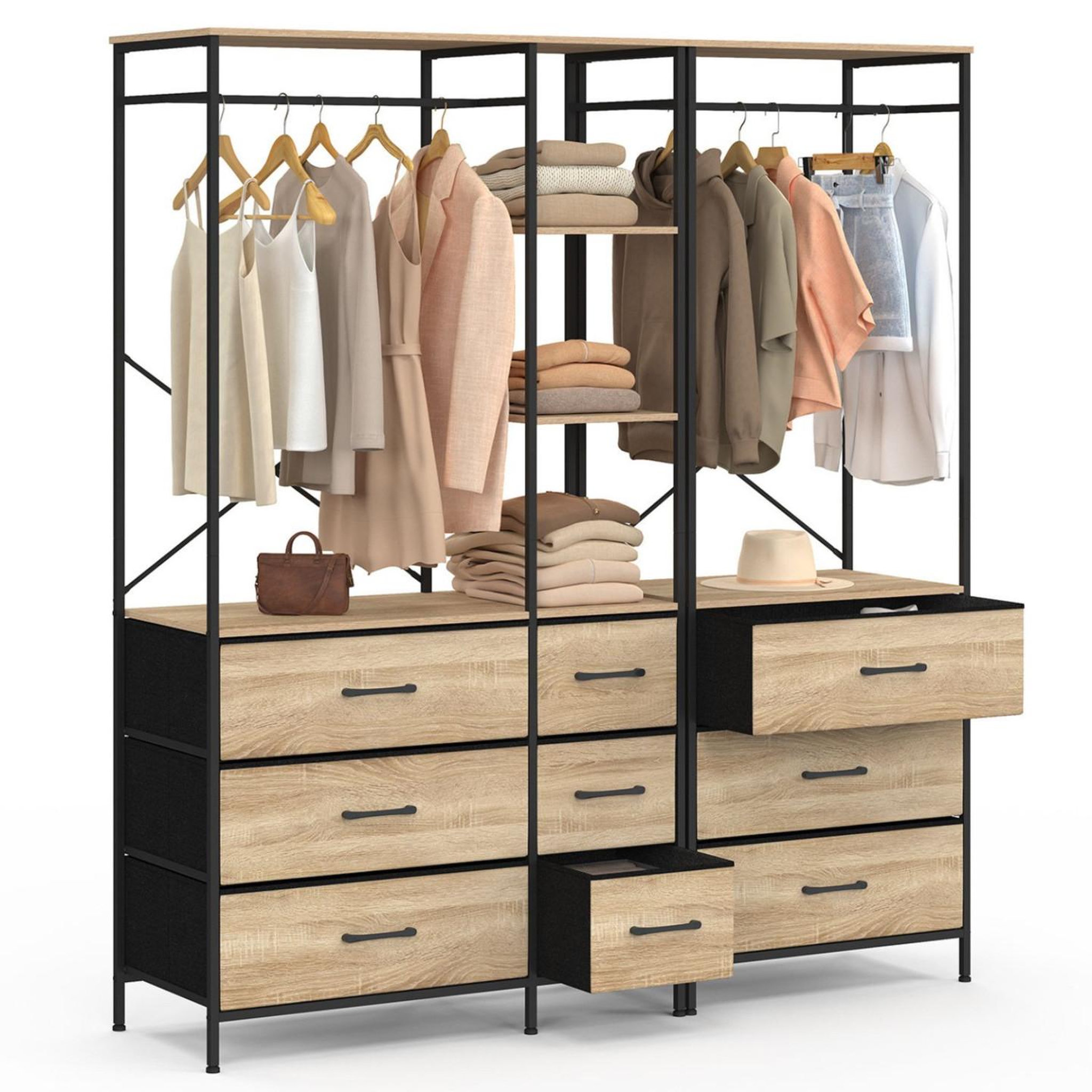 ID MARKET Dressing penderie modulable l. 150 cm utah xxl avec 3 étagères et 9 bacs en tissu bois et noir
